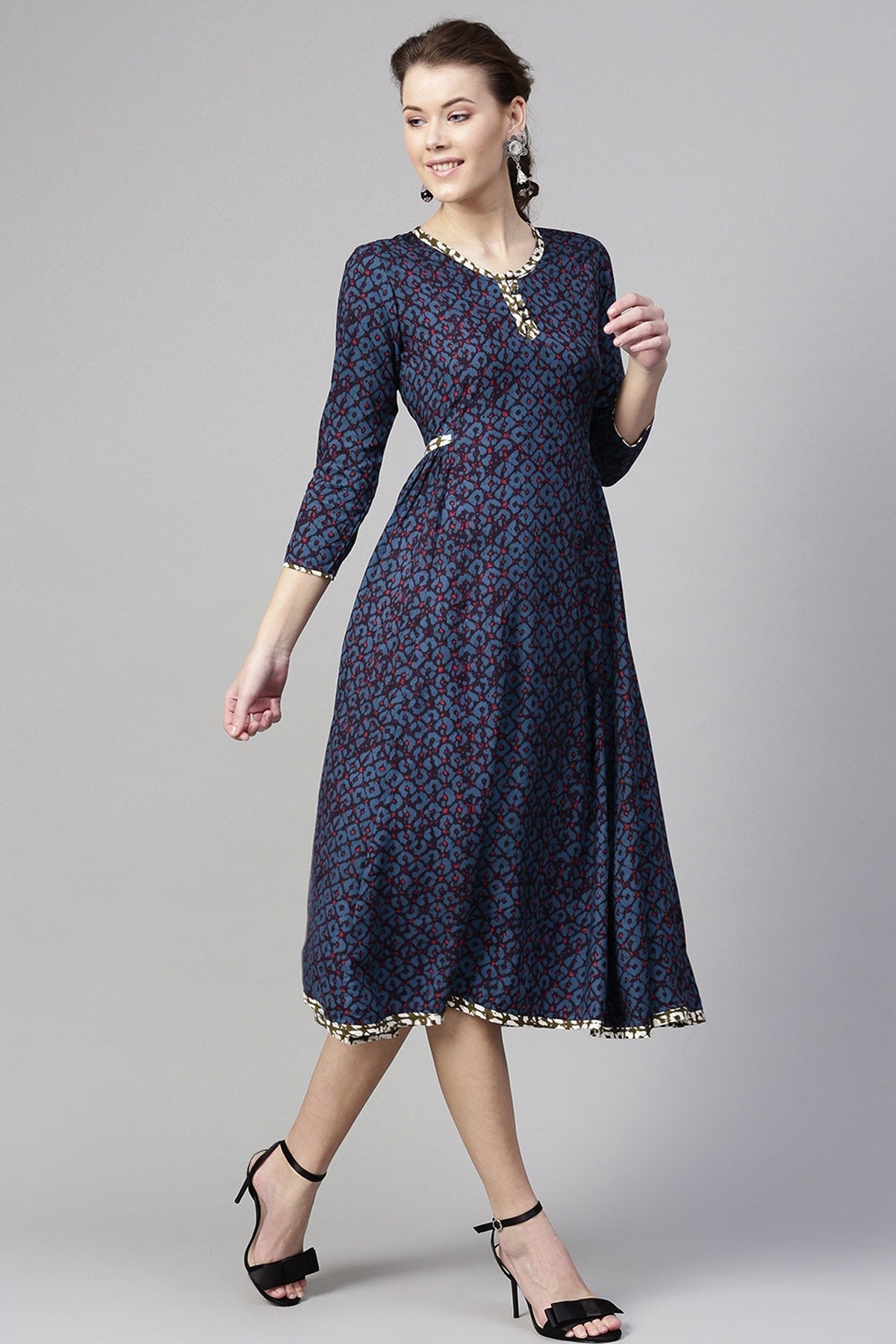 Women's Navy Geo Print Side Gathered Dress - SASSAFRAS