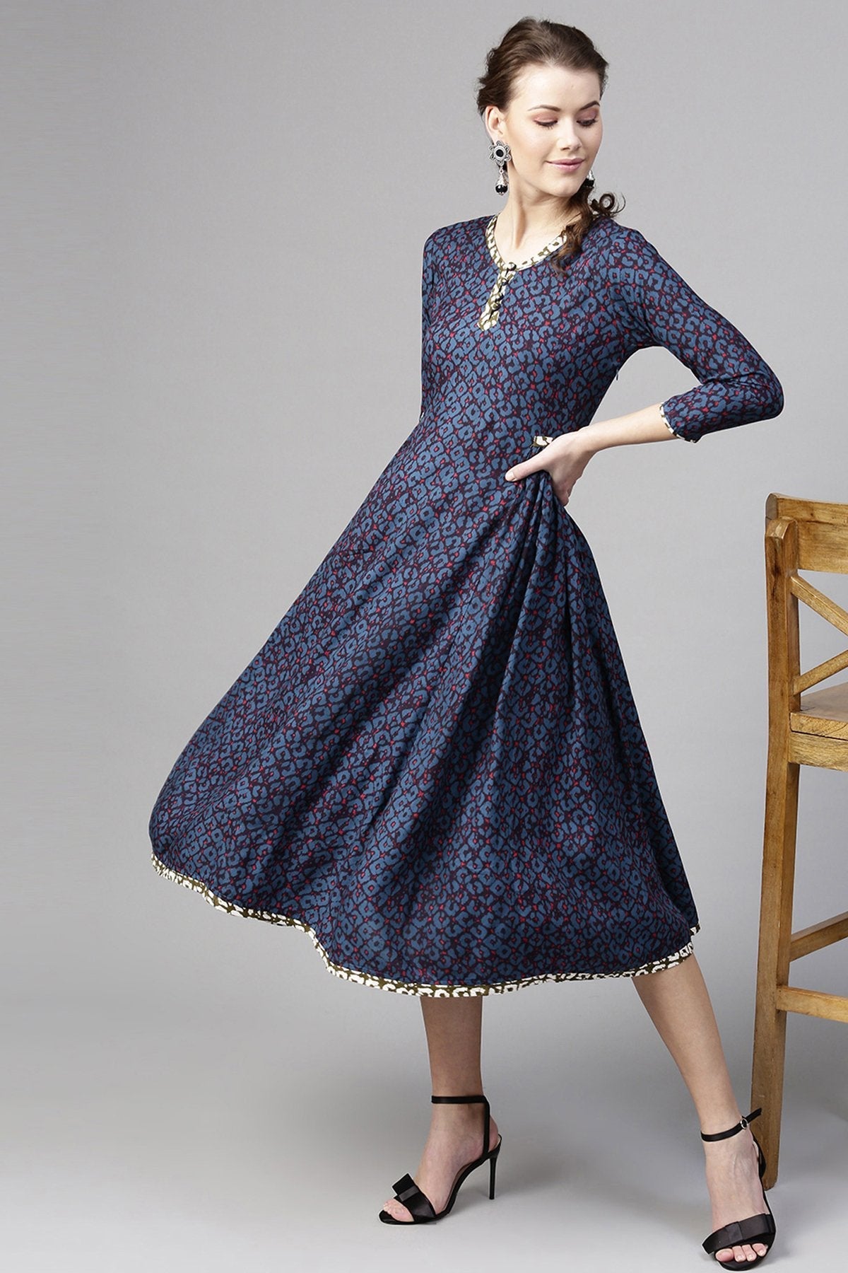 Women's Navy Geo Print Side Gathered Dress - SASSAFRAS