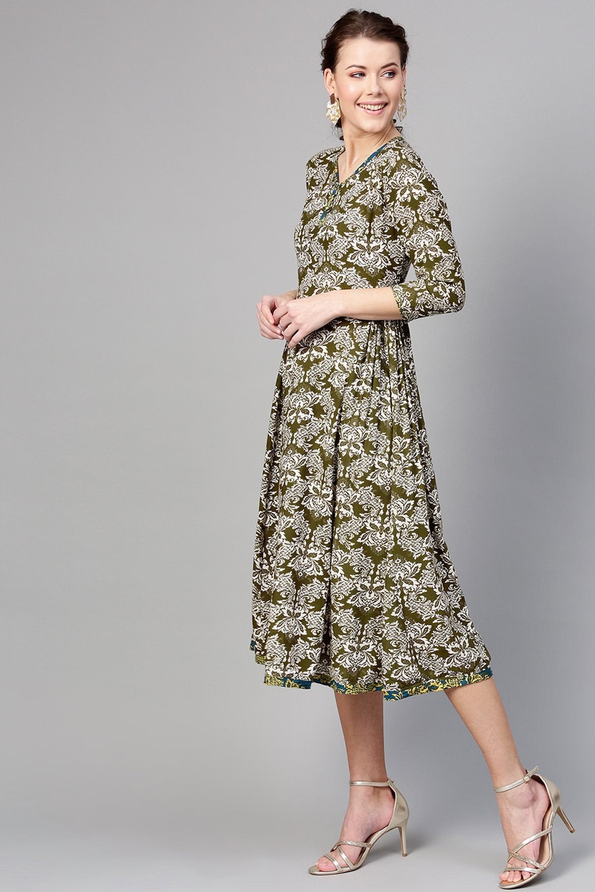 Women's Olive Floral Side Gathered Dress - SASSAFRAS