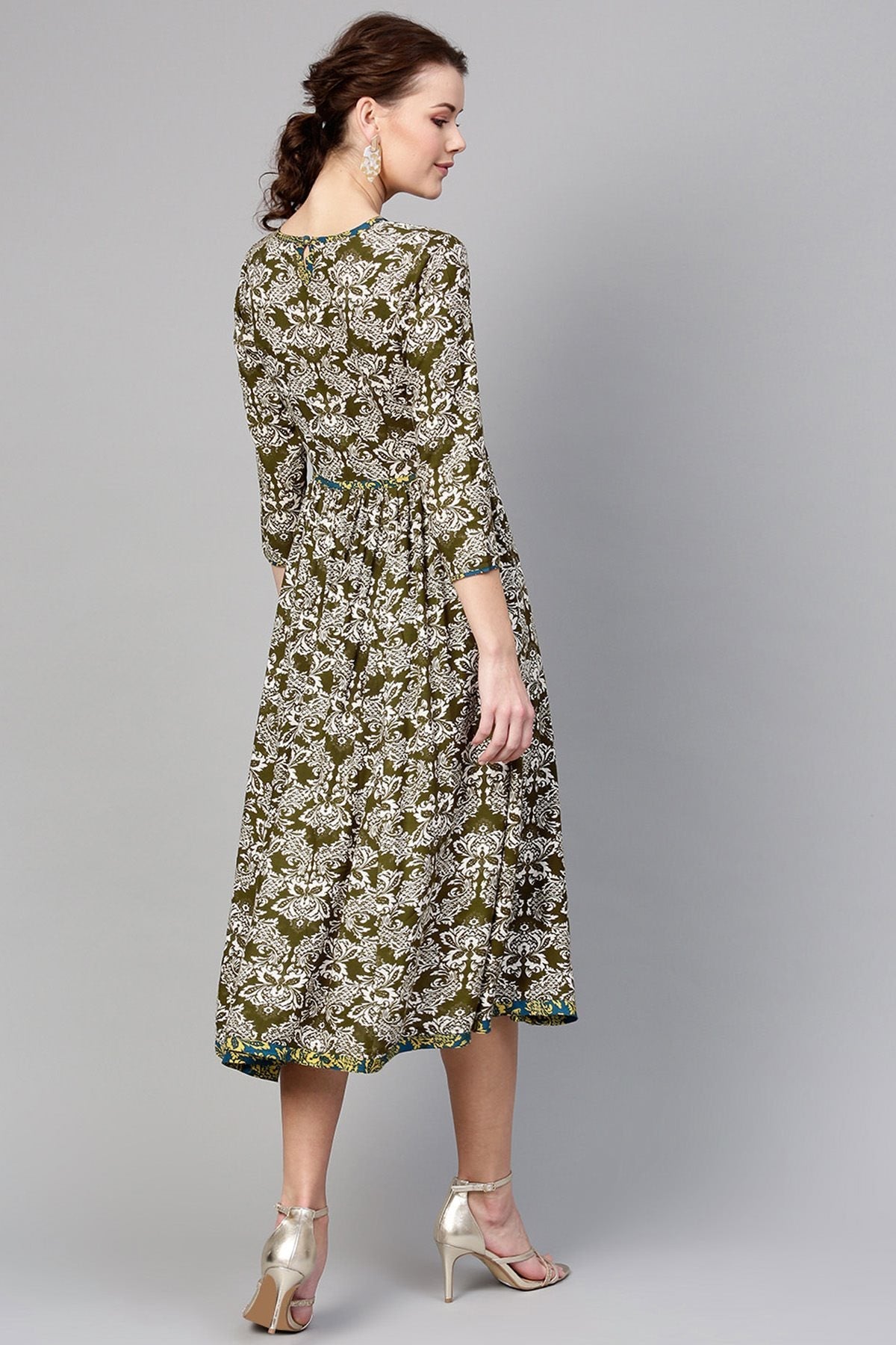 Women's Olive Floral Side Gathered Dress - SASSAFRAS