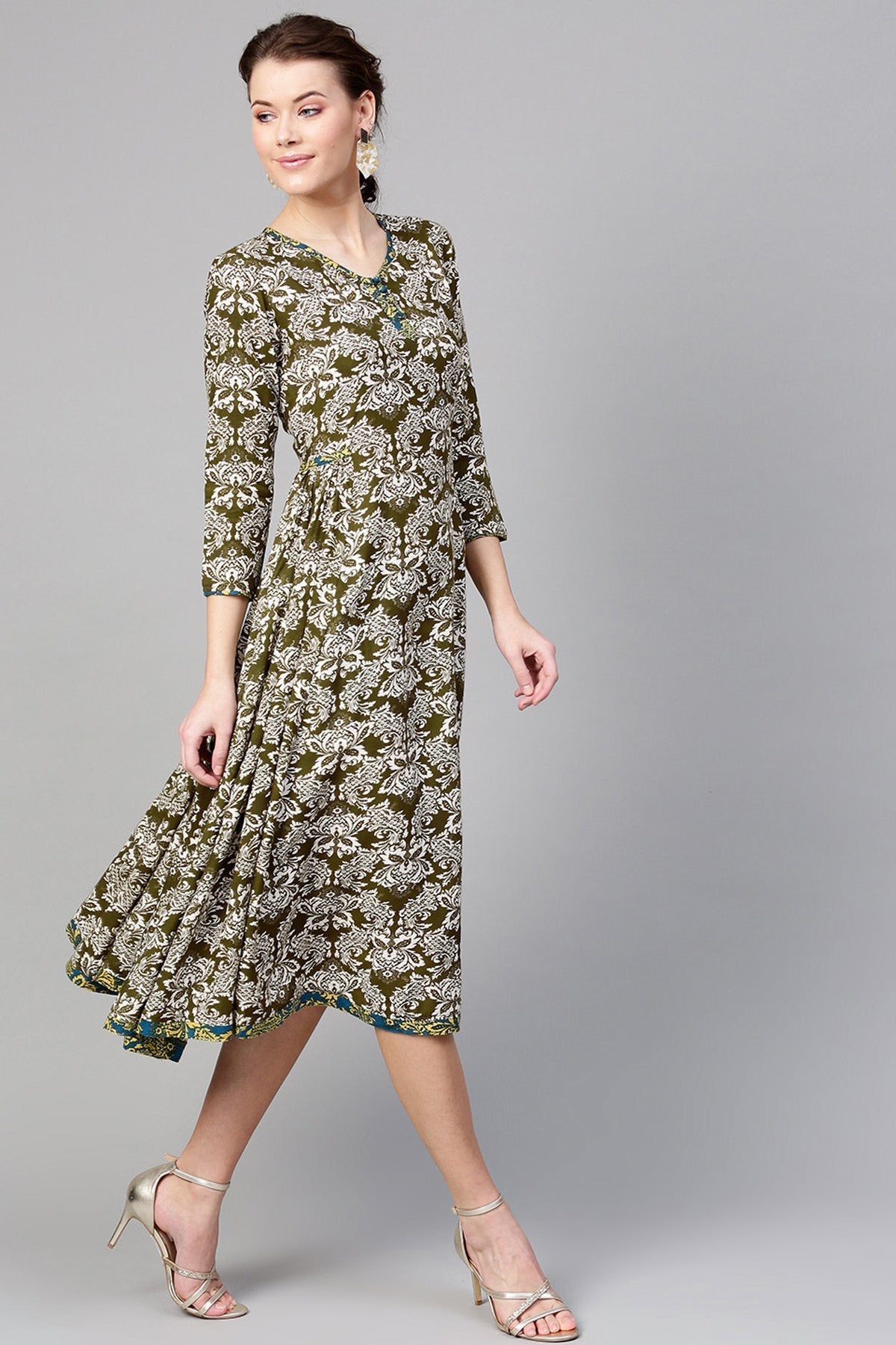 Women's Olive Floral Side Gathered Dress - SASSAFRAS