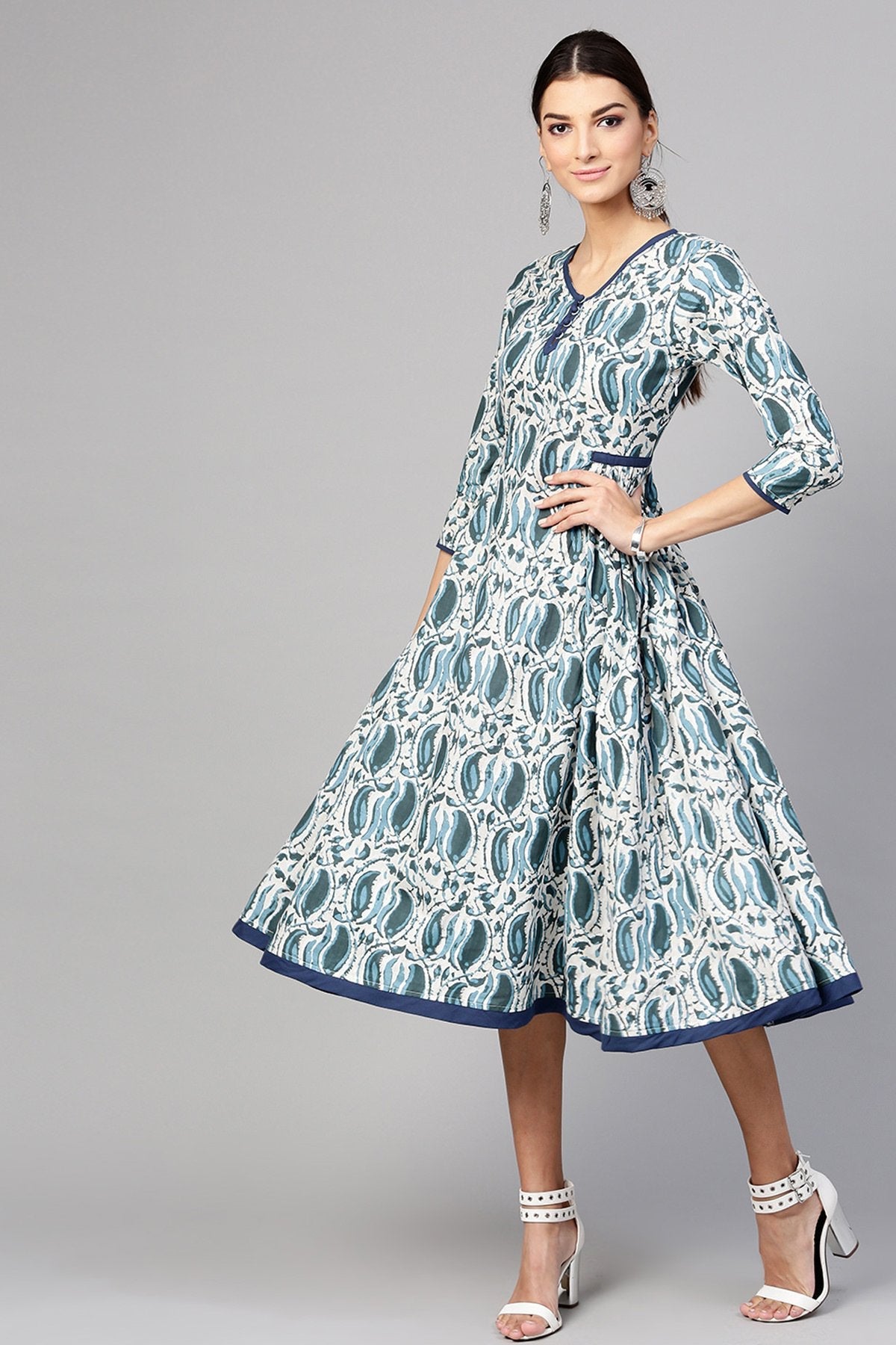 Women's Indigo Paisley Side Gathered Dress - SASSAFRAS