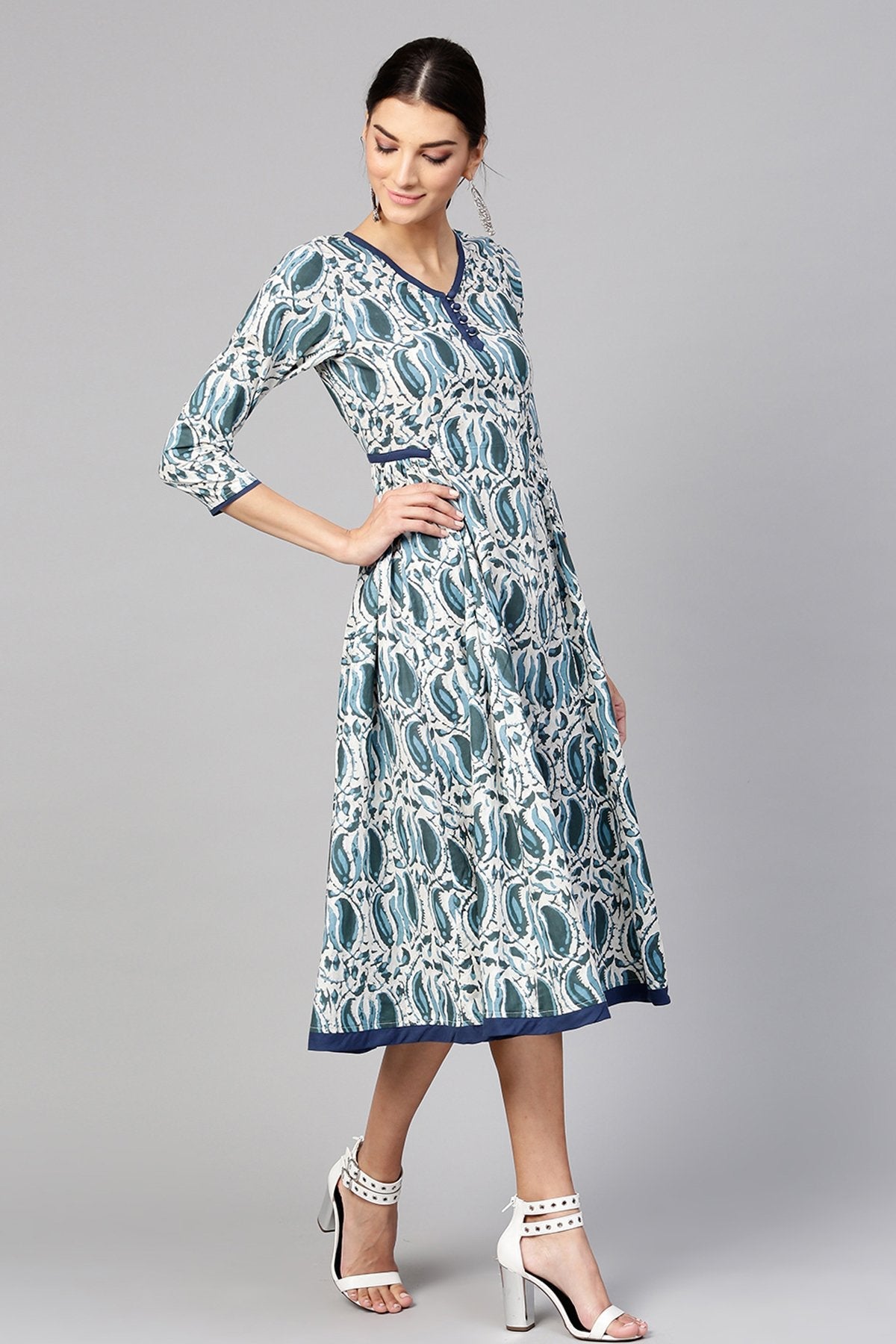 Women's Indigo Paisley Side Gathered Dress - SASSAFRAS