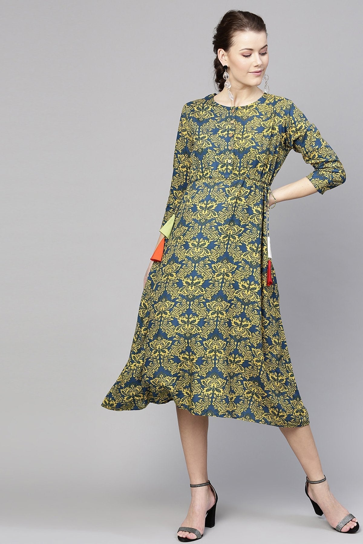 Women's Navy Yellow Floral Side Tie Dress - SASSAFRAS