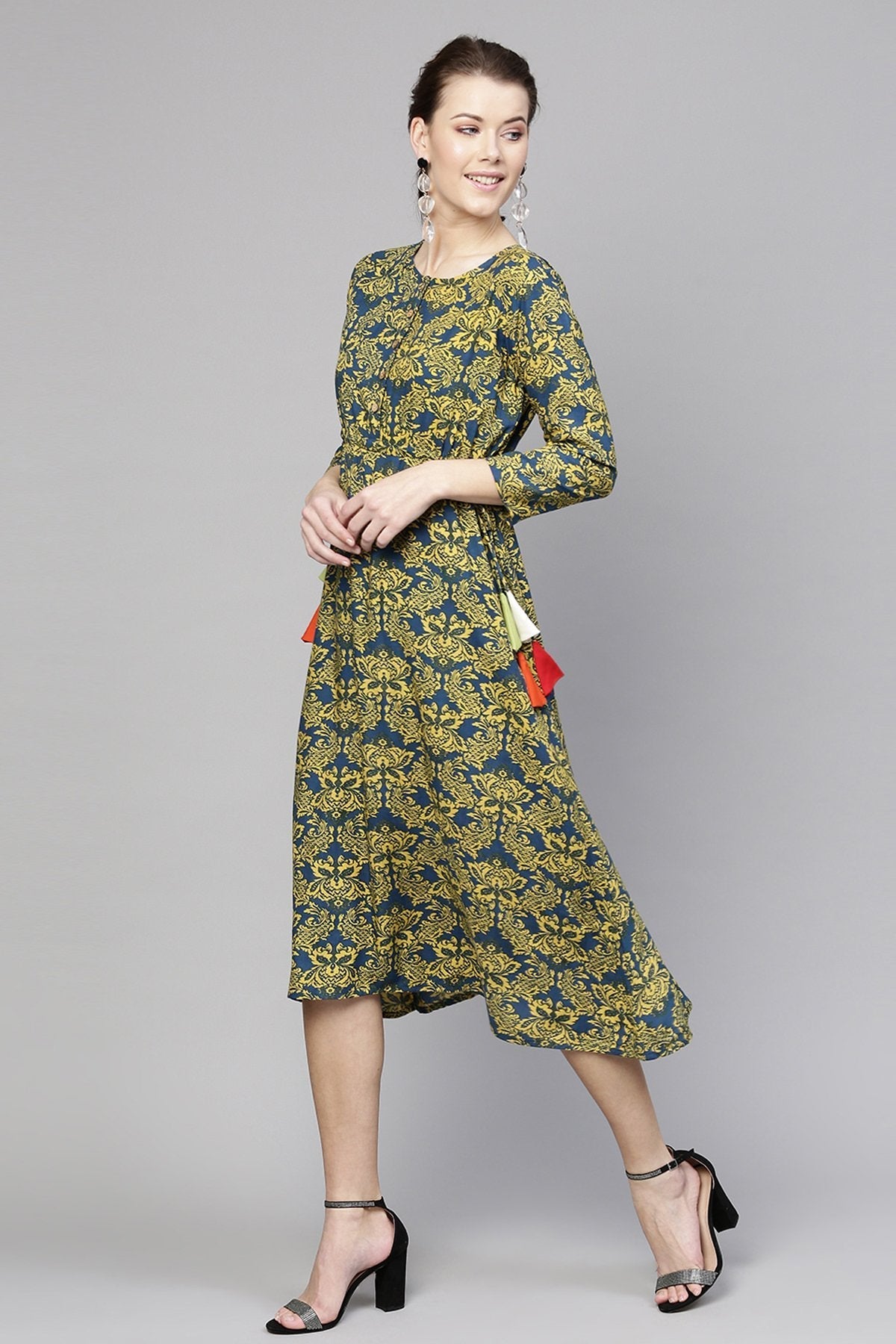 Women's Navy Yellow Floral Side Tie Dress - SASSAFRAS