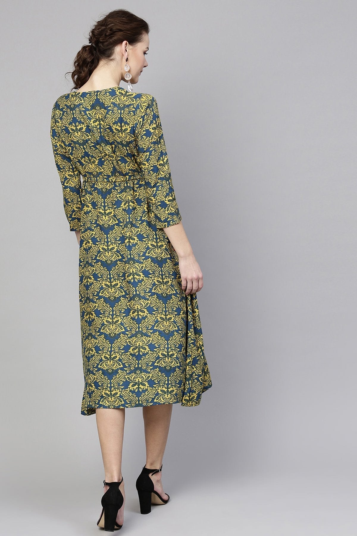 Women's Navy Yellow Floral Side Tie Dress - SASSAFRAS