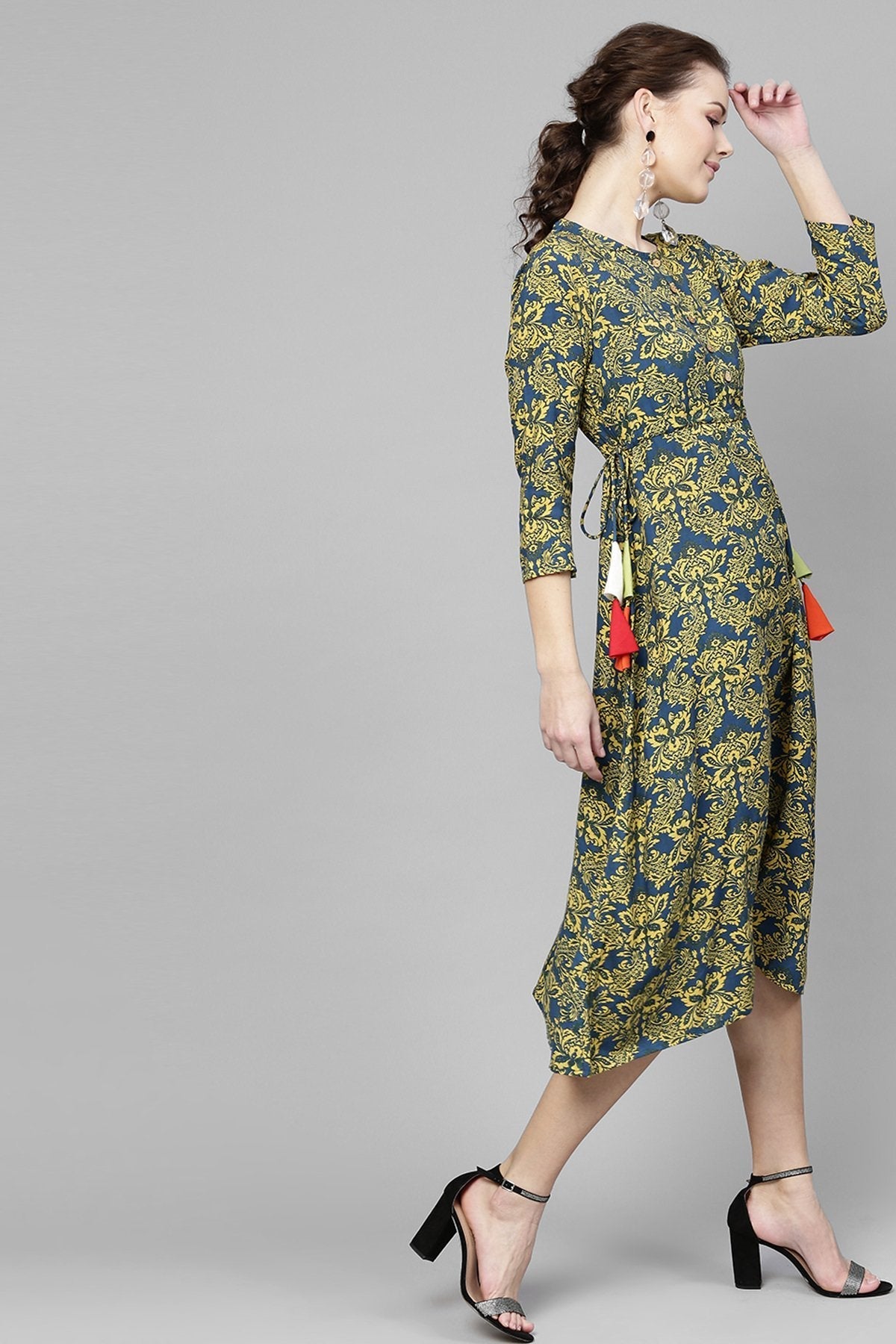 Women's Navy Yellow Floral Side Tie Dress - SASSAFRAS