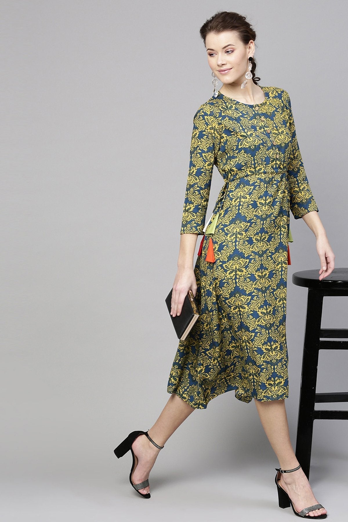 Women's Navy Yellow Floral Side Tie Dress - SASSAFRAS