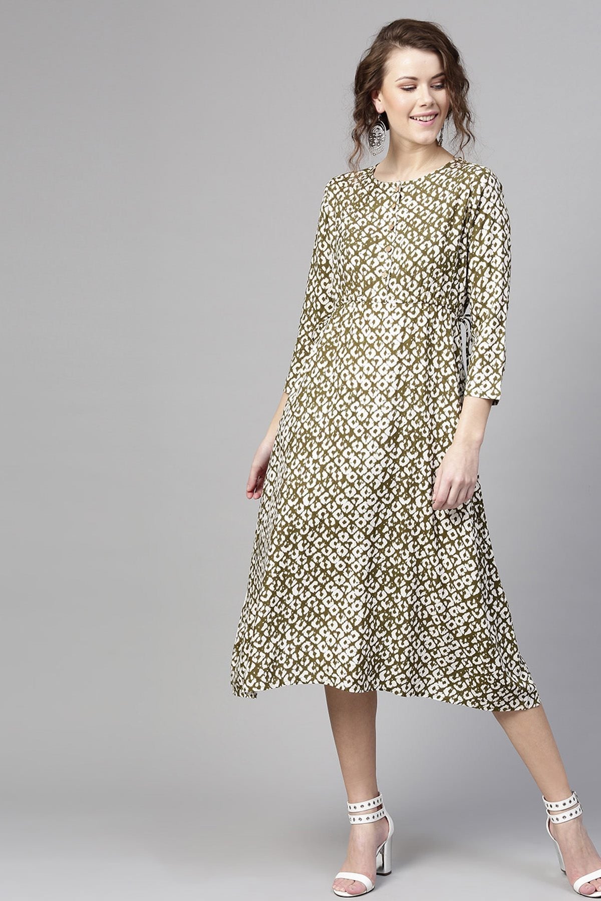 Women's Olive Geo Print Side Tie Dress - SASSAFRAS