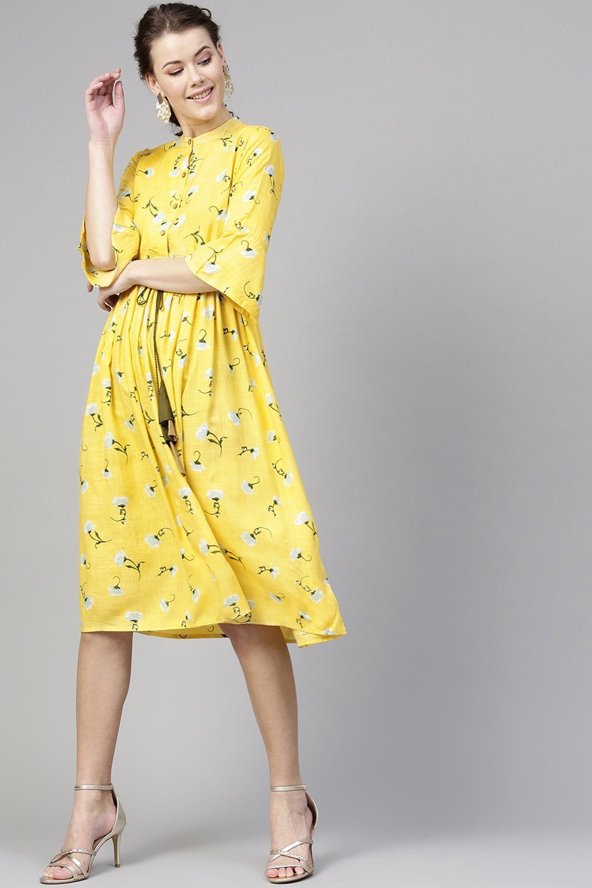 Women's Yellow Blue Floral Drawstring Dress - SASSAFRAS