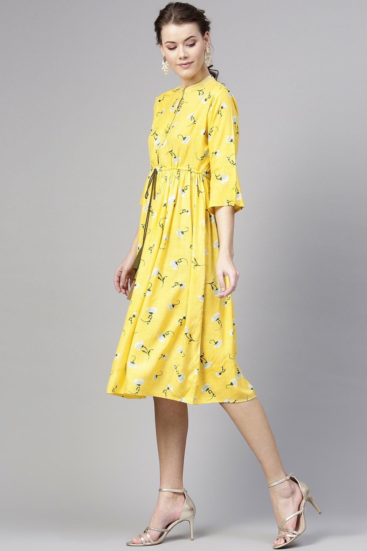 Women's Yellow Blue Floral Drawstring Dress - SASSAFRAS