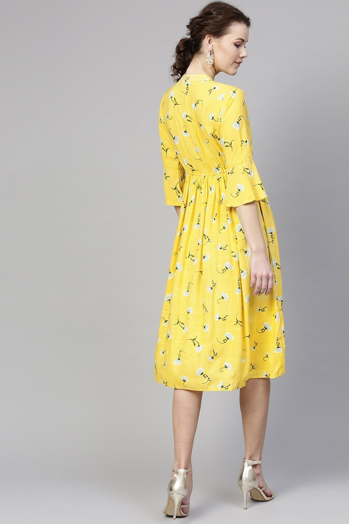 Women's Yellow Blue Floral Drawstring Dress - SASSAFRAS