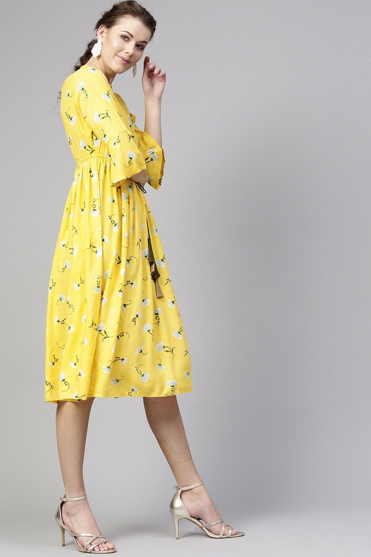 Women's Yellow Blue Floral Drawstring Dress - SASSAFRAS