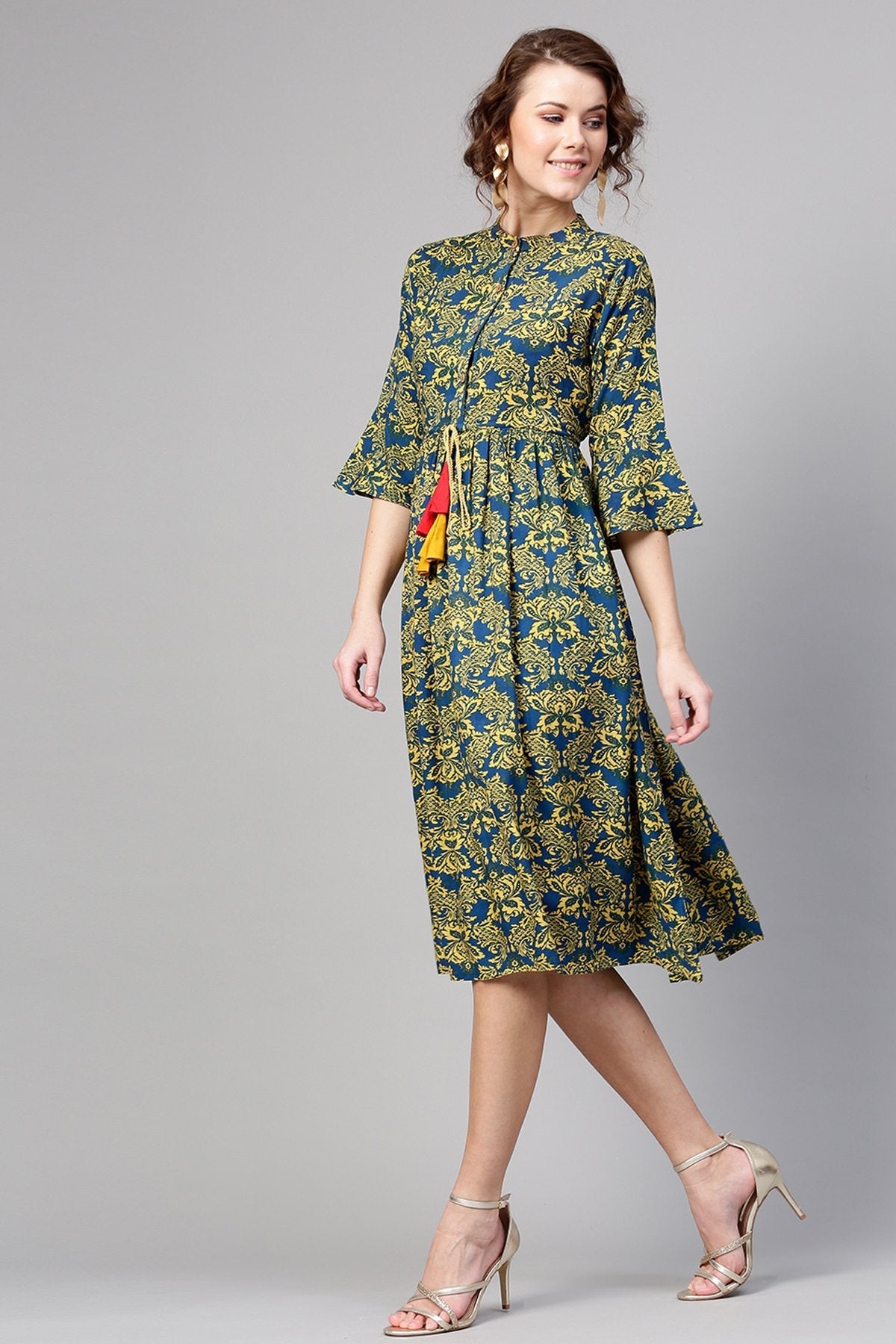 Women's Navy Yellow Floral Drawstring Dress - SASSAFRAS