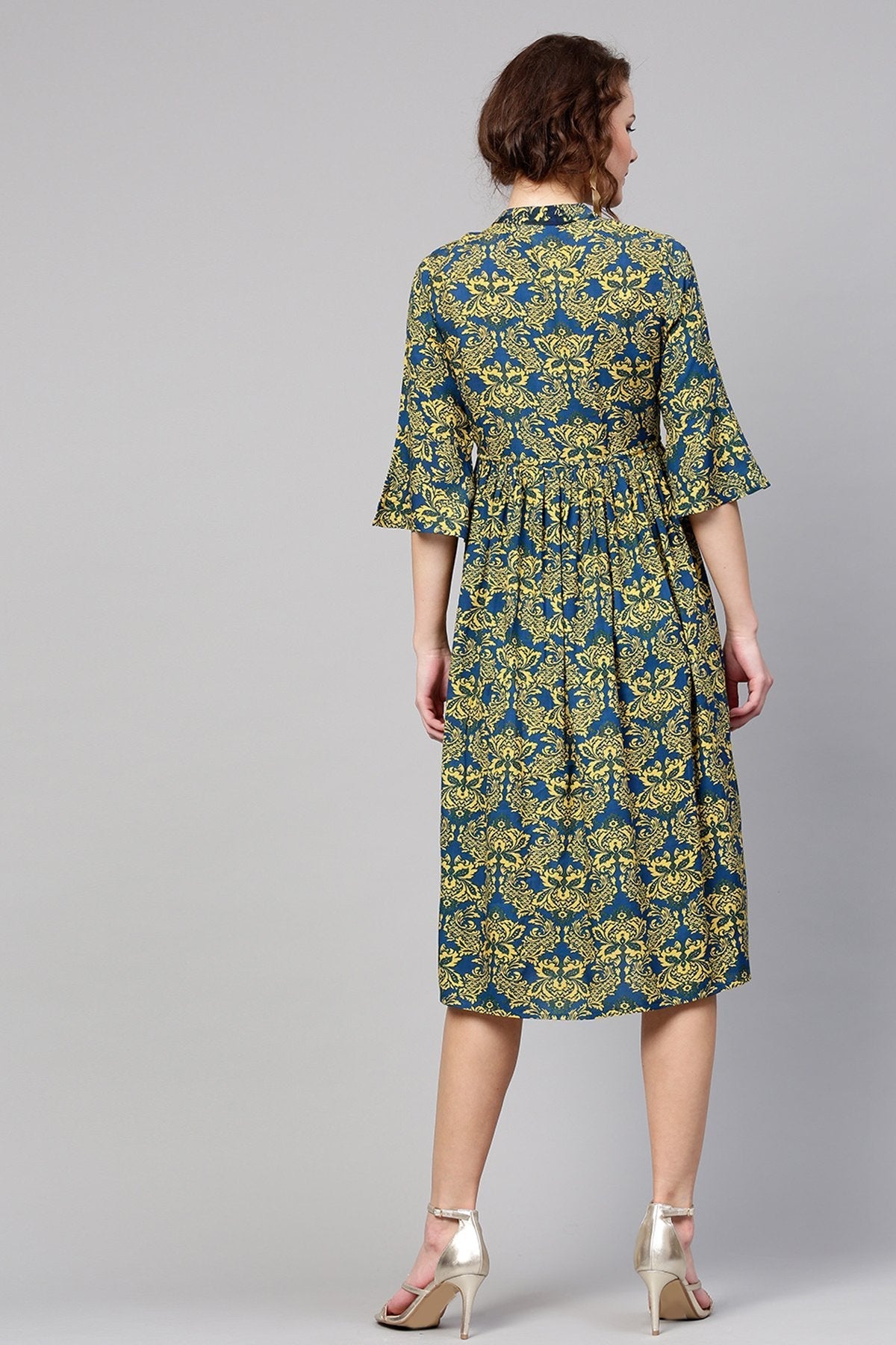 Women's Navy Yellow Floral Drawstring Dress - SASSAFRAS