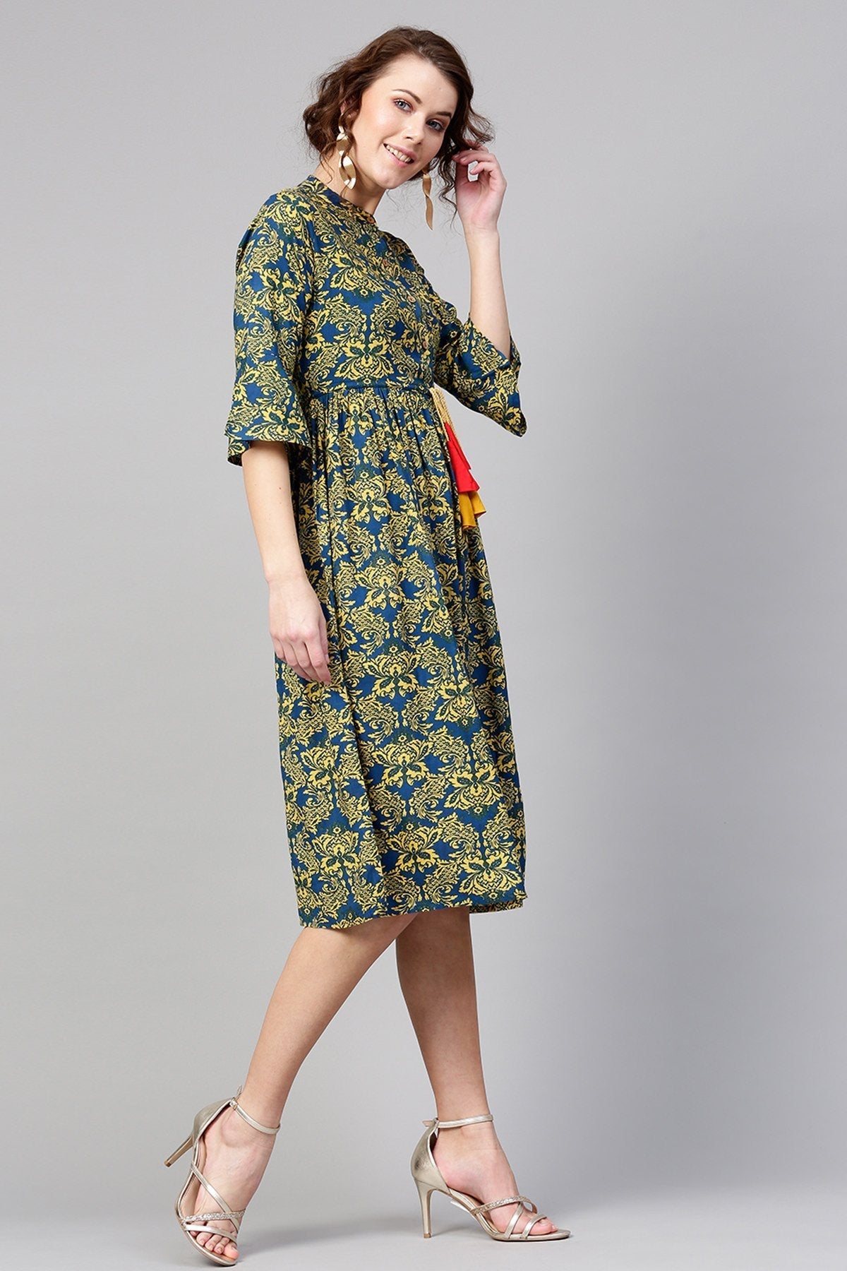 Women's Navy Yellow Floral Drawstring Dress - SASSAFRAS