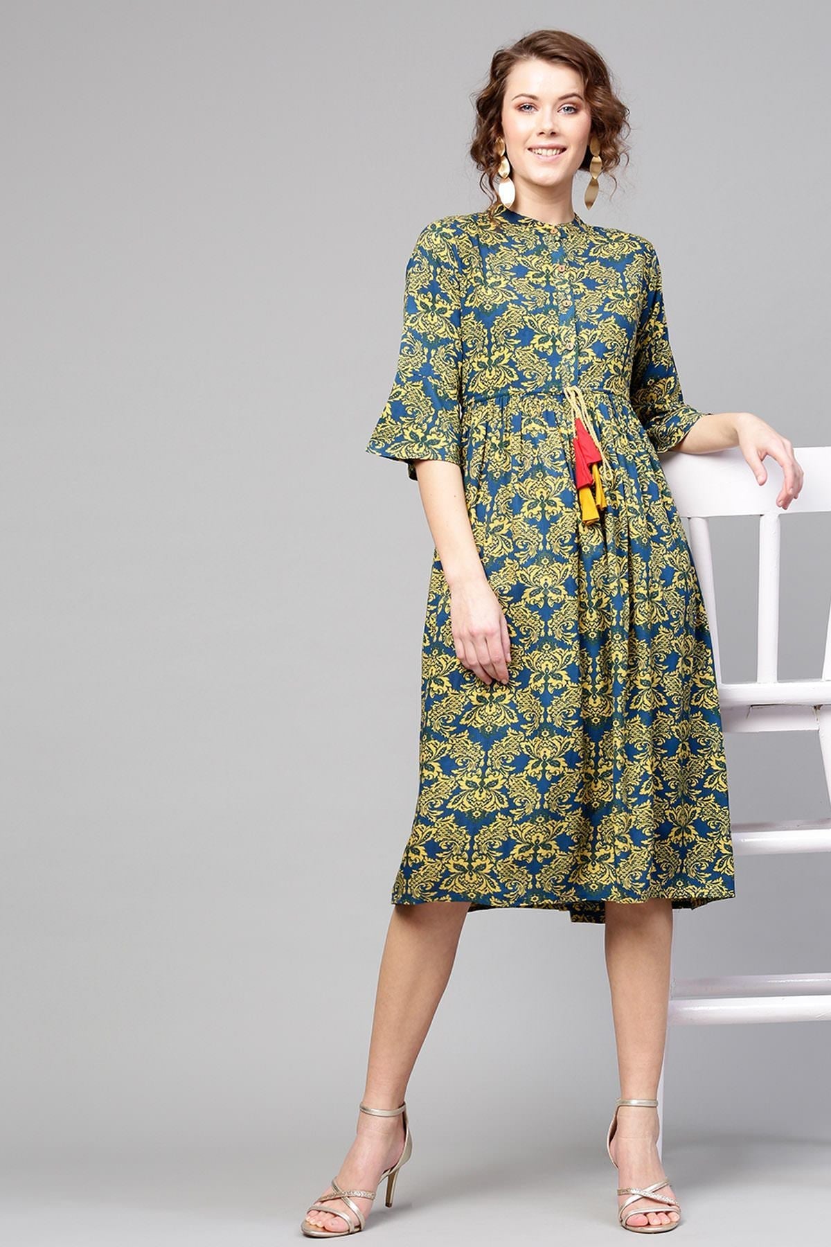 Women's Navy Yellow Floral Drawstring Dress - SASSAFRAS