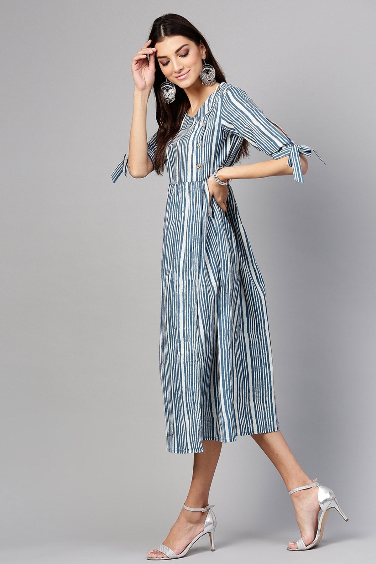 Women's Indigo Stripe Side Placket Dress - SASSAFRAS