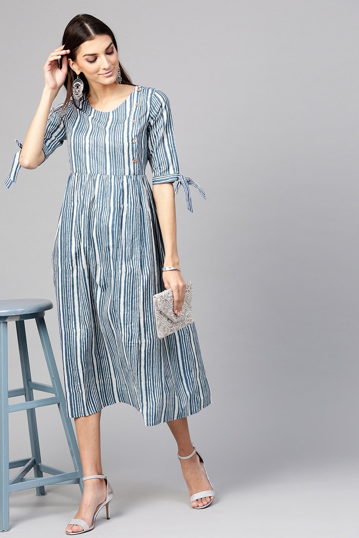 Women's Indigo Stripe Side Placket Dress - SASSAFRAS