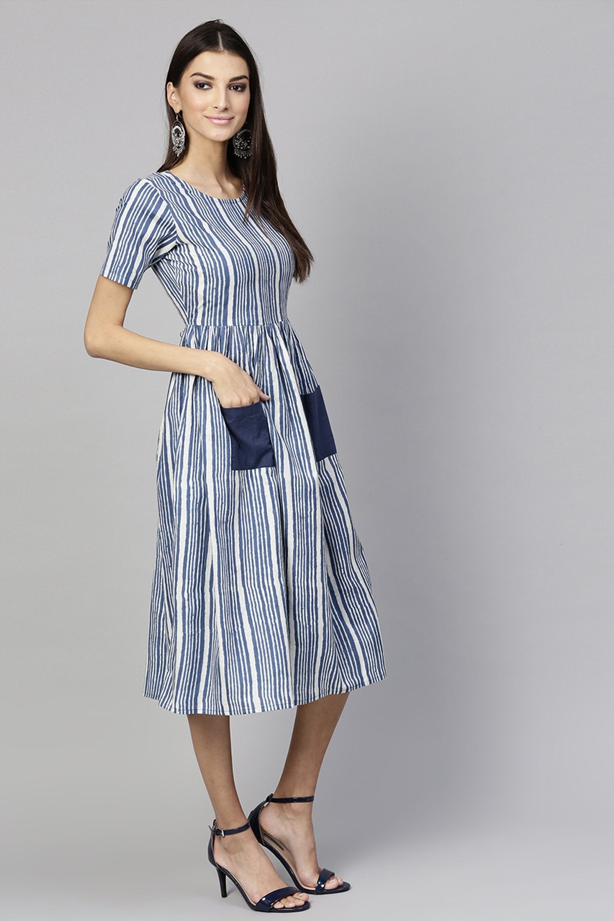 Women's Indigo Stripe Pocket Dress - SASSAFRAS