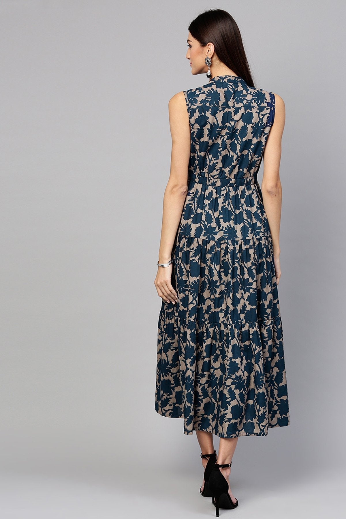 Women's Grey Indigo Floral Tiered Front Button Maxi - SASSAFRAS