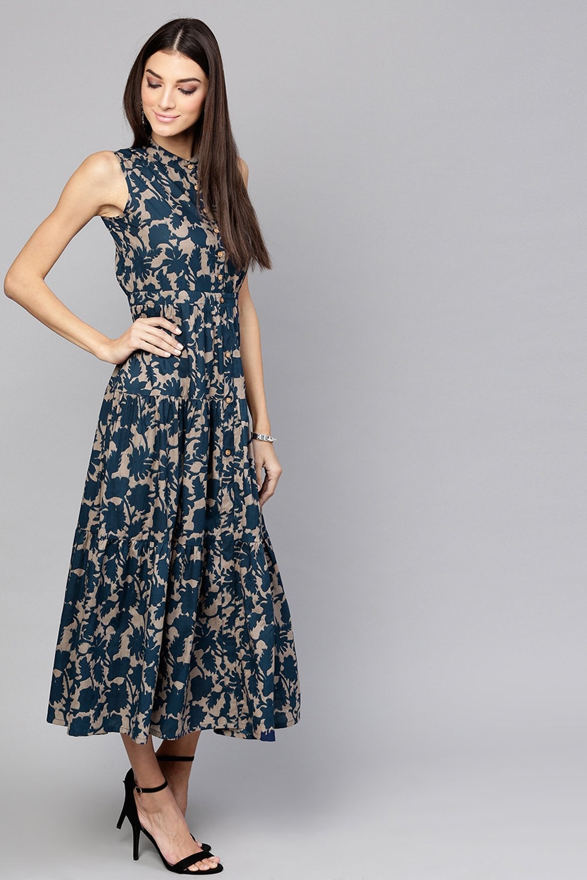 Women's Grey Indigo Floral Tiered Front Button Maxi - SASSAFRAS