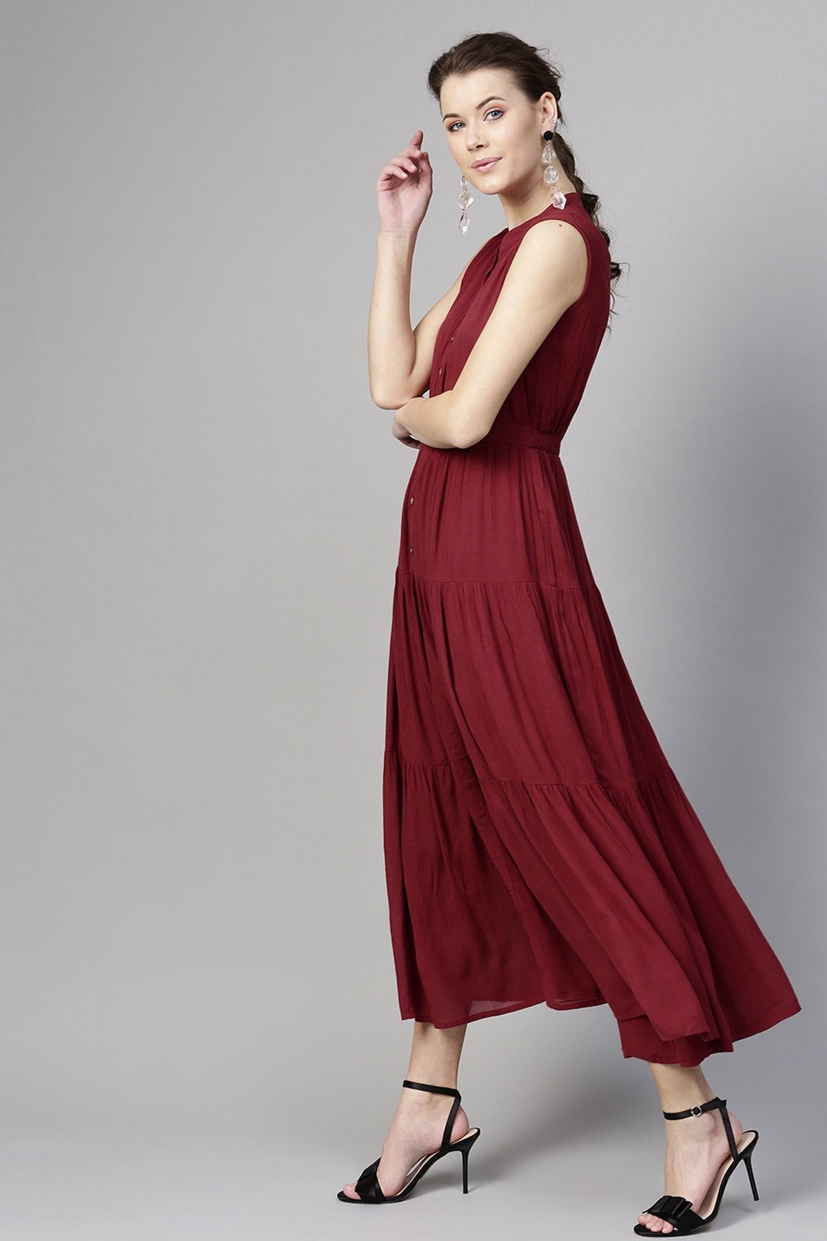 Women's Maroon Tiered Front Button Crinkled Maxi - SASSAFRAS