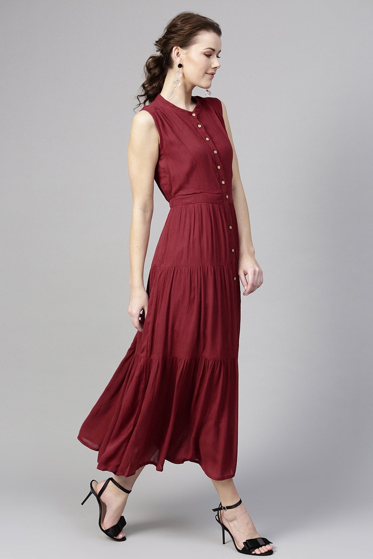 Women's Maroon Tiered Front Button Crinkled Maxi - SASSAFRAS