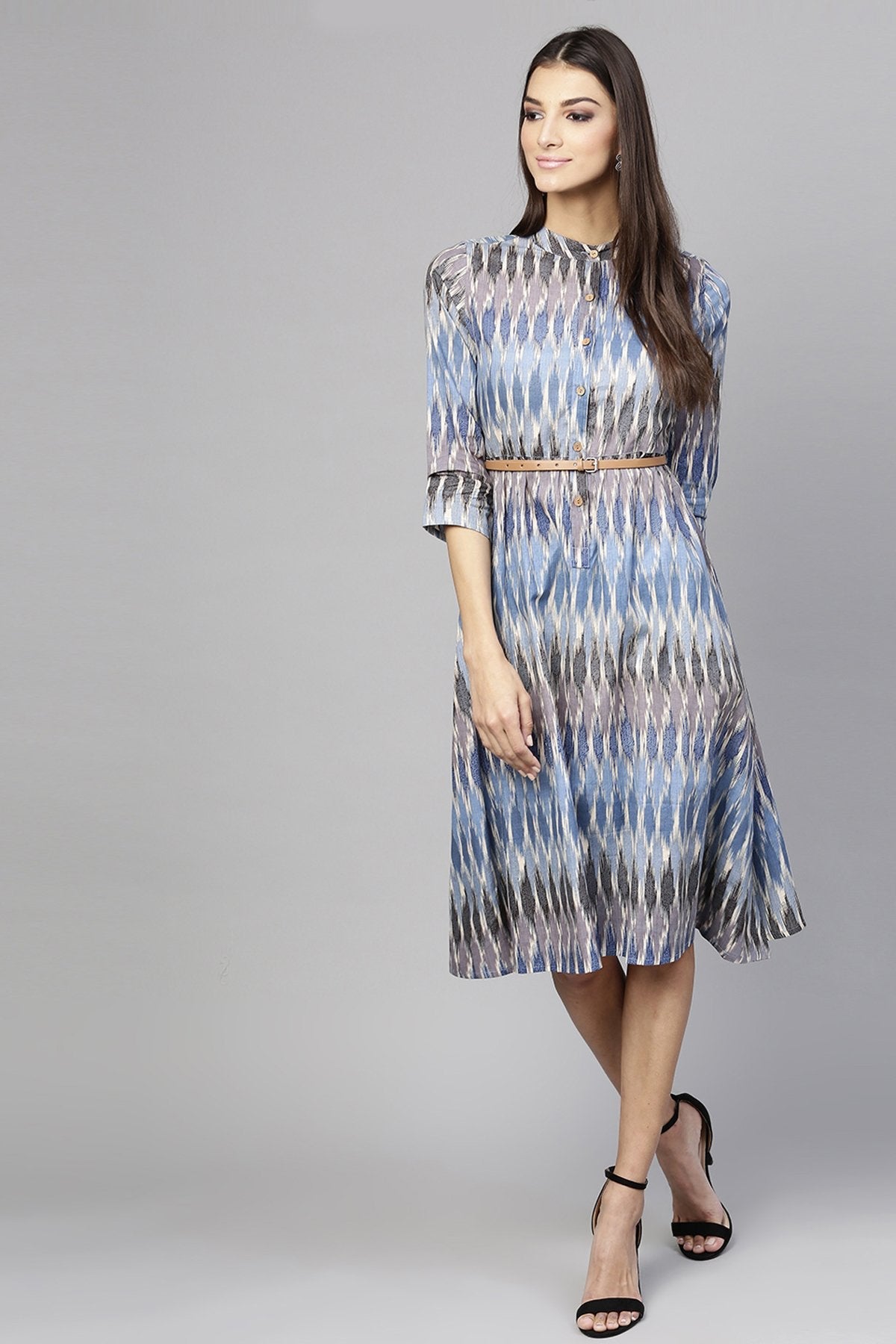 Women's Blue Ikat Belted Dress - SASSAFRAS