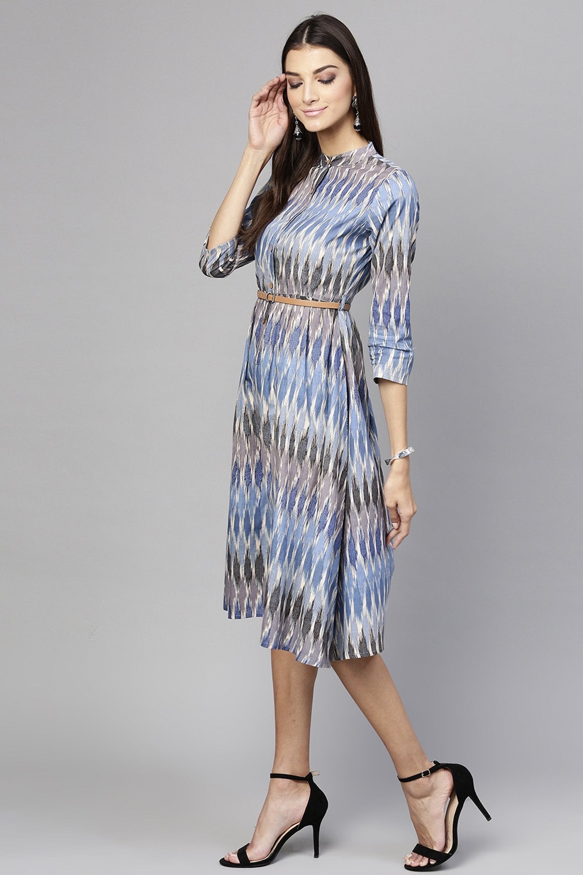 Women's Blue Ikat Belted Dress - SASSAFRAS