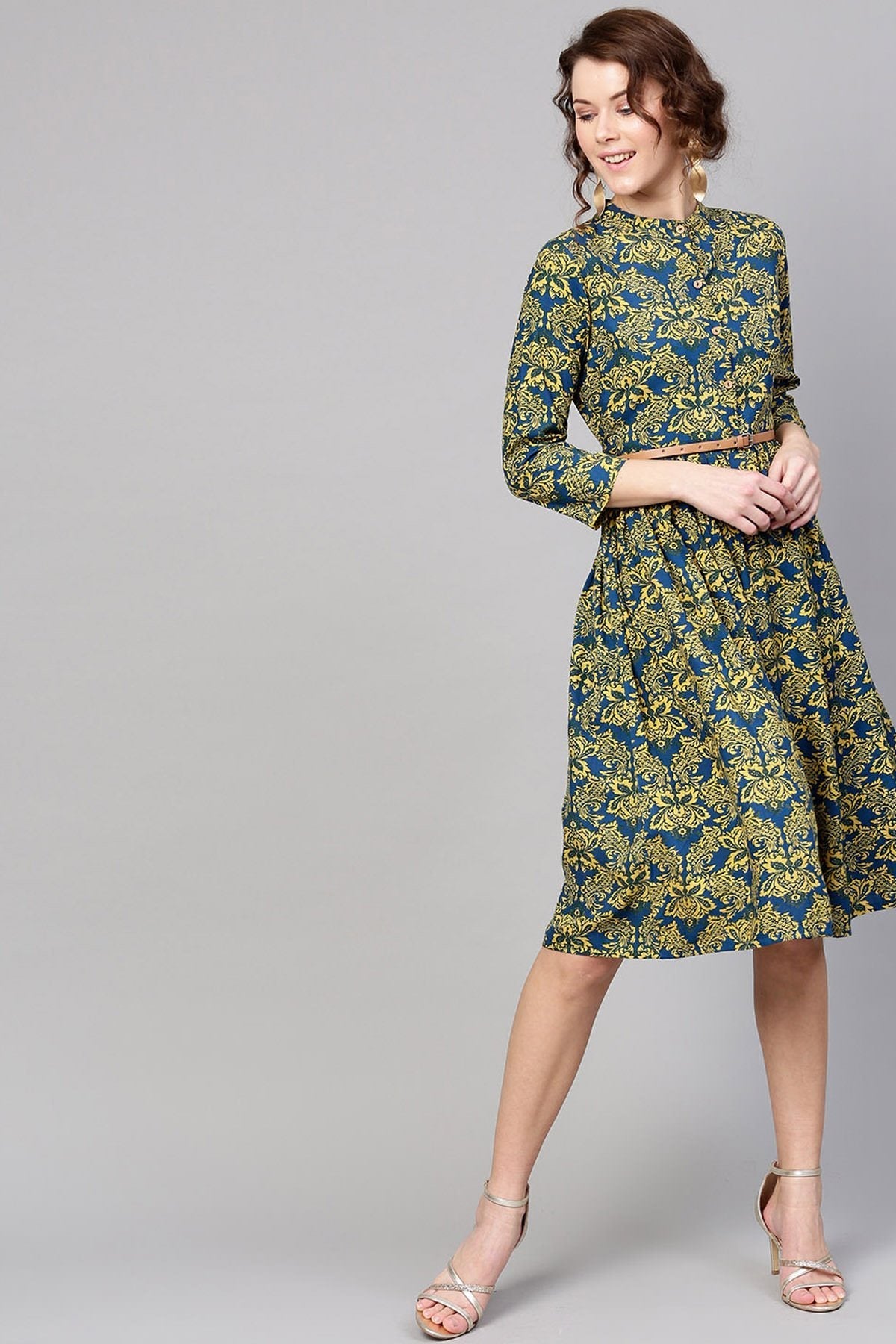 Women's Navy Yellow Floral Belted Dress - SASSAFRAS