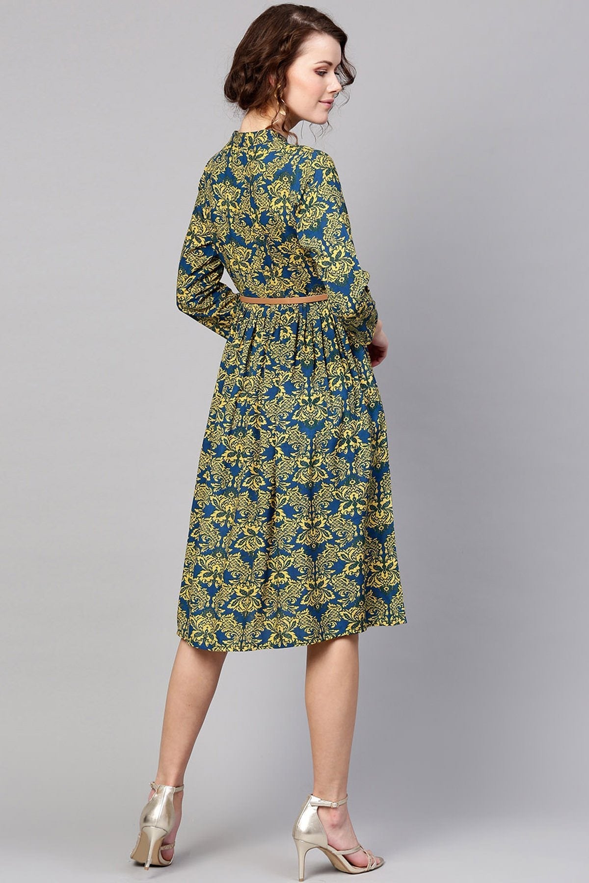 Women's Navy Yellow Floral Belted Dress - SASSAFRAS