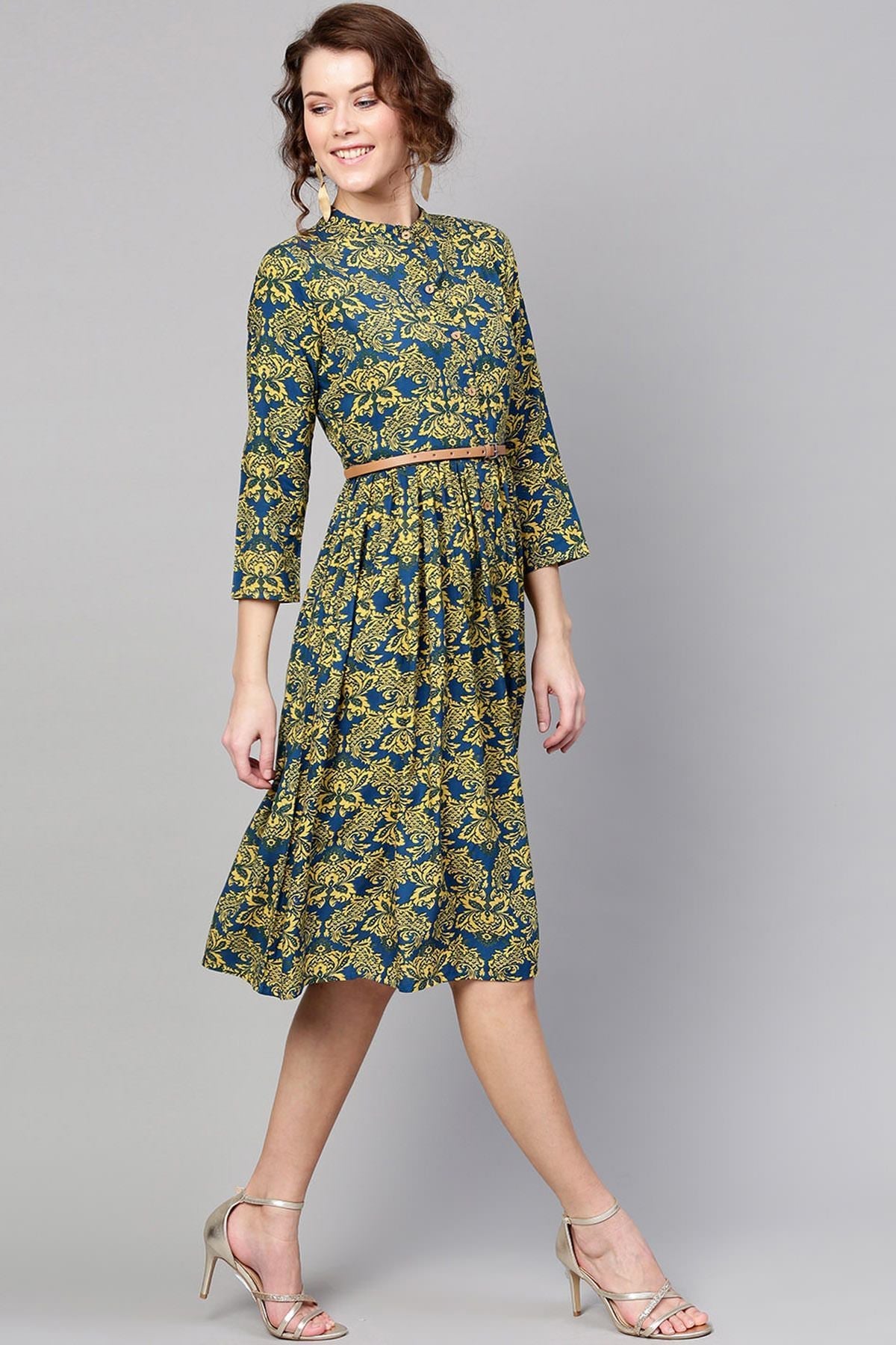 Women's Navy Yellow Floral Belted Dress - SASSAFRAS