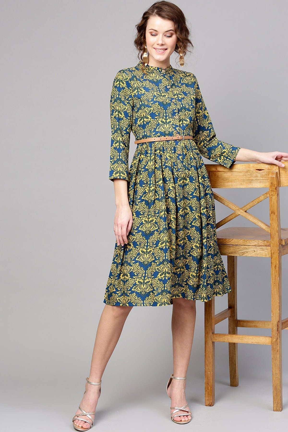 Women's Navy Yellow Floral Belted Dress - SASSAFRAS