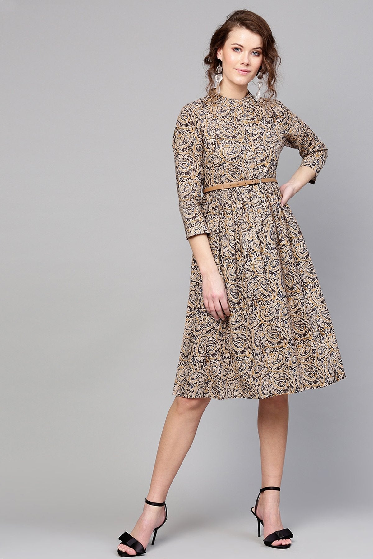 Women's Beige Paisley Belted Dress - SASSAFRAS