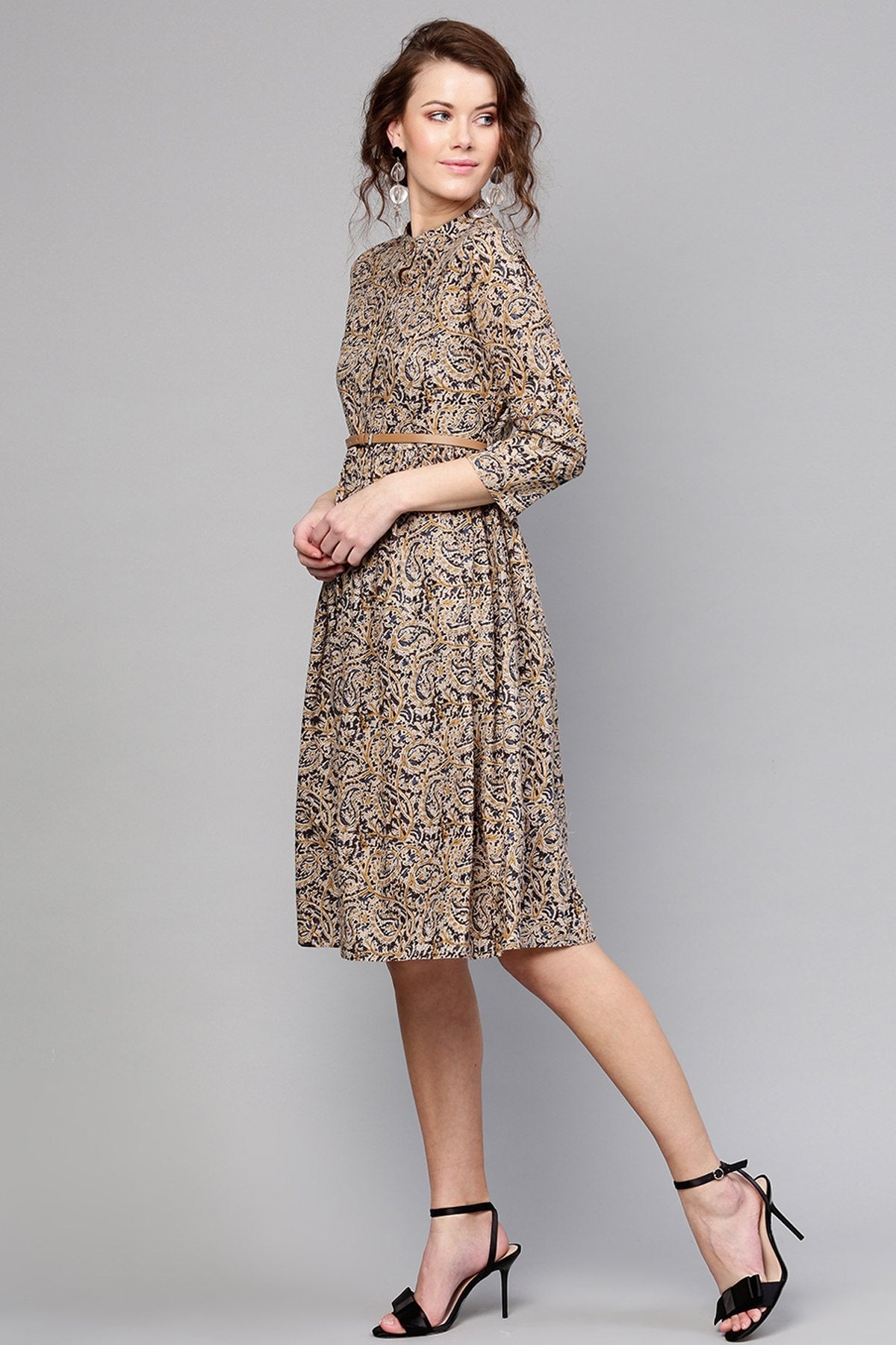 Women's Beige Paisley Belted Dress - SASSAFRAS