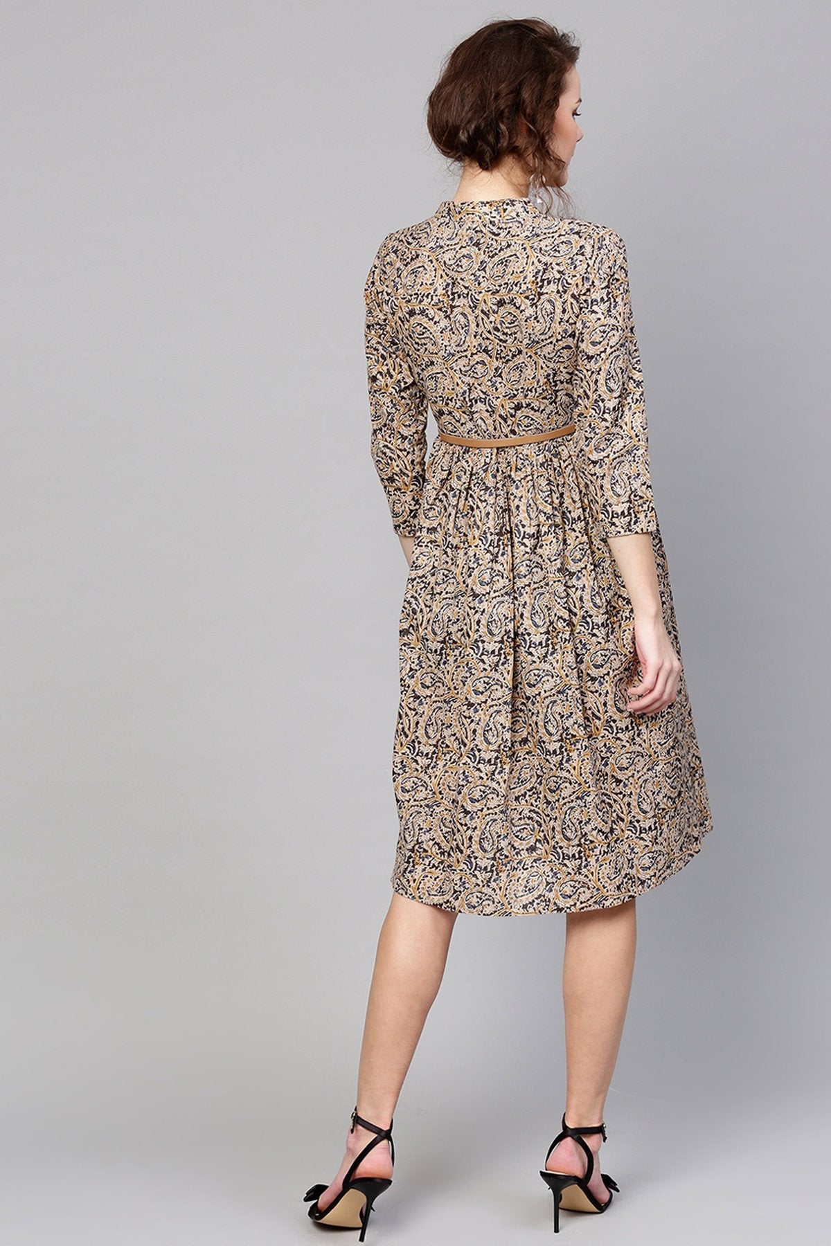 Women's Beige Paisley Belted Dress - SASSAFRAS