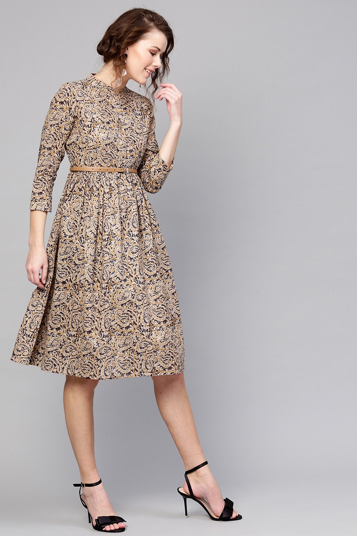 Women's Beige Paisley Belted Dress - SASSAFRAS