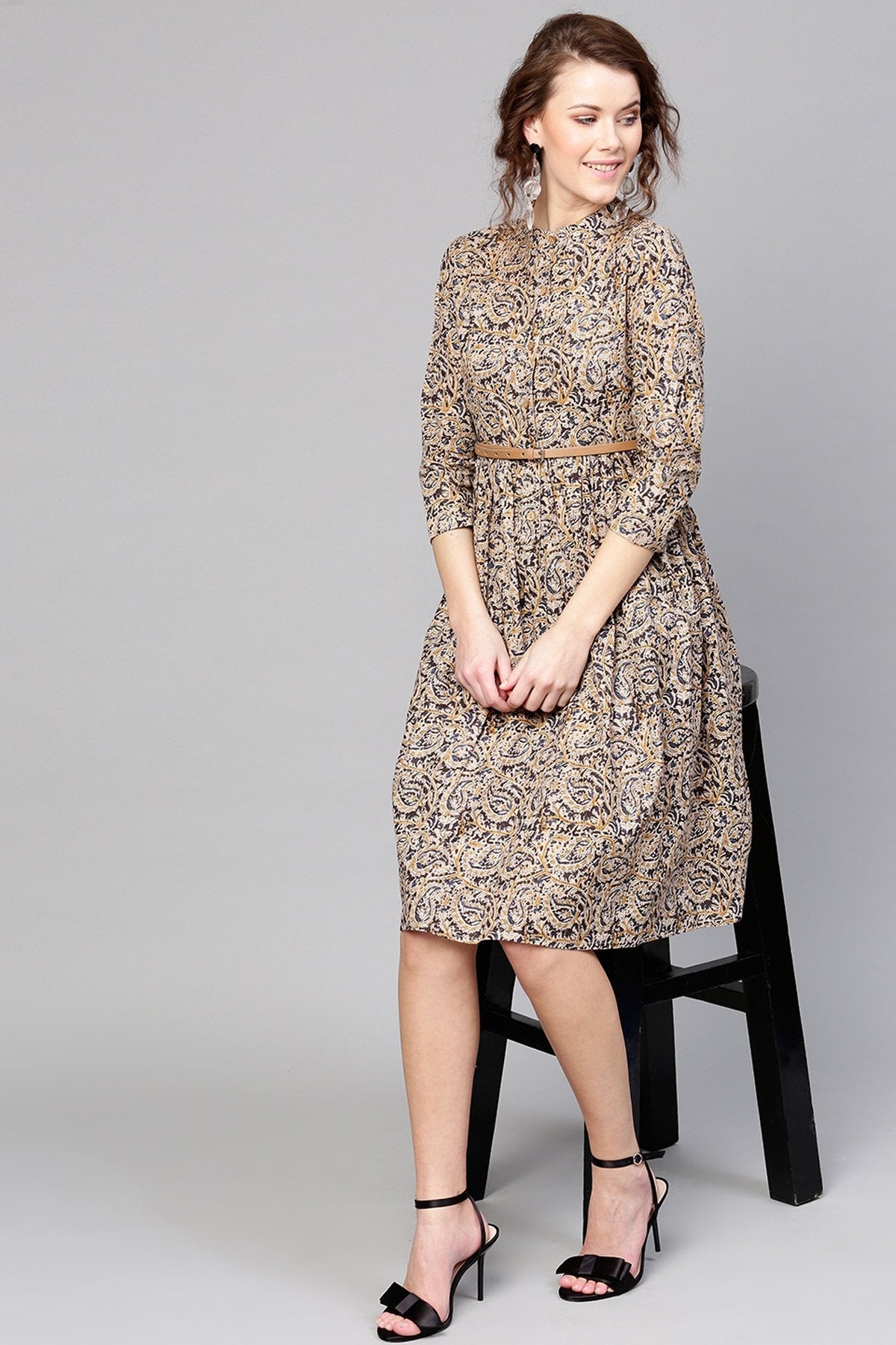 Women's Beige Paisley Belted Dress - SASSAFRAS