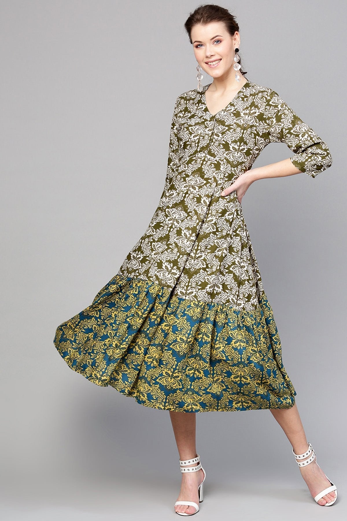 Women's Olive Floral Tiered Dress - SASSAFRAS