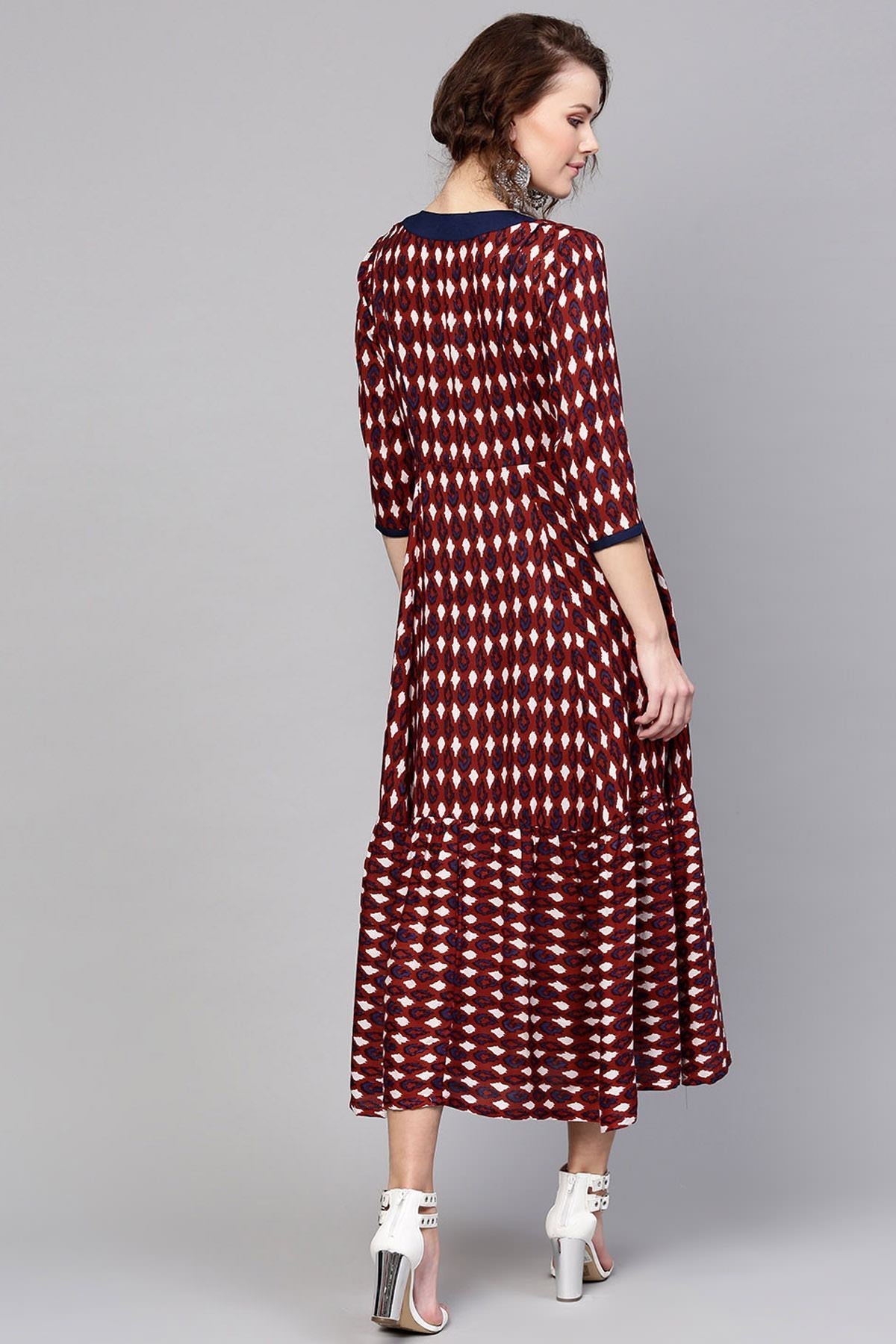 Women's Maroon Ikat Tiered Dress - SASSAFRAS