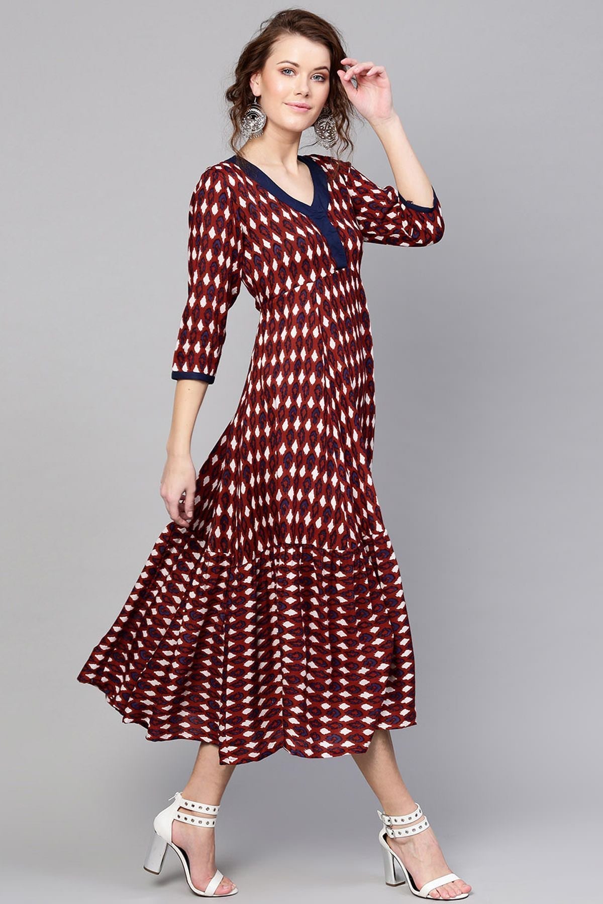 Women's Maroon Ikat Tiered Dress - SASSAFRAS