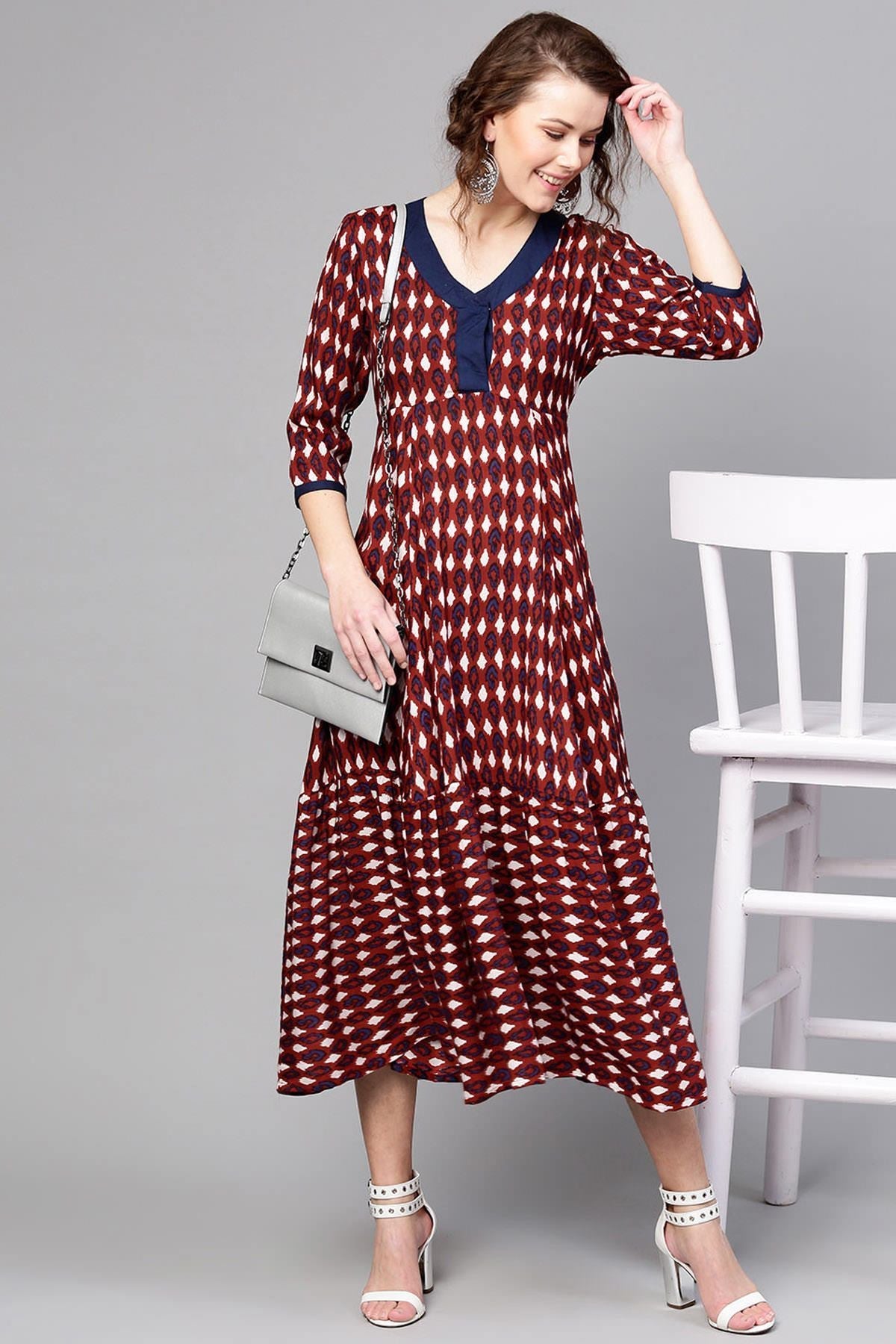 Women's Maroon Ikat Tiered Dress - SASSAFRAS