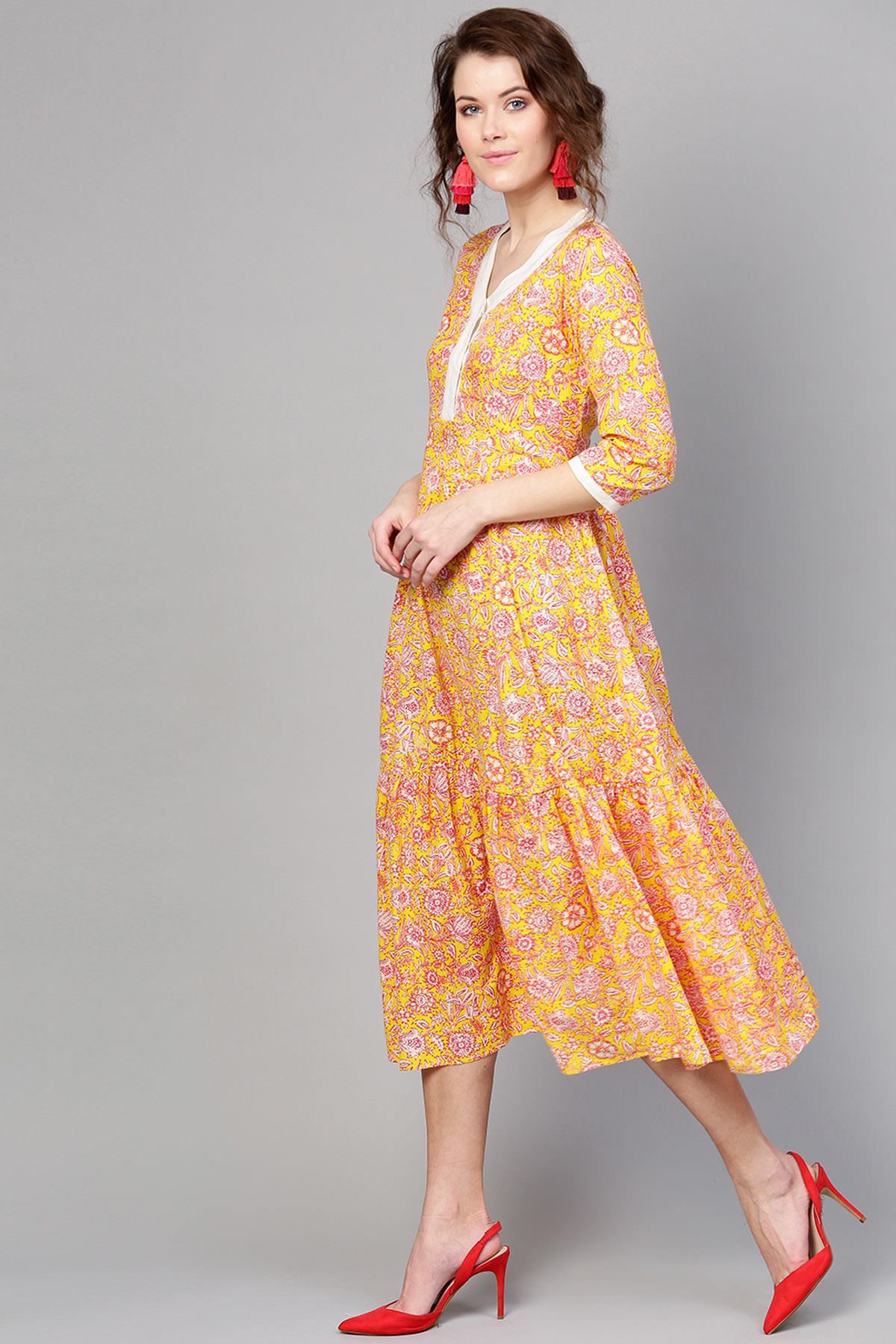 Women's Yellow Pink Floral Tiered Dress - SASSAFRAS