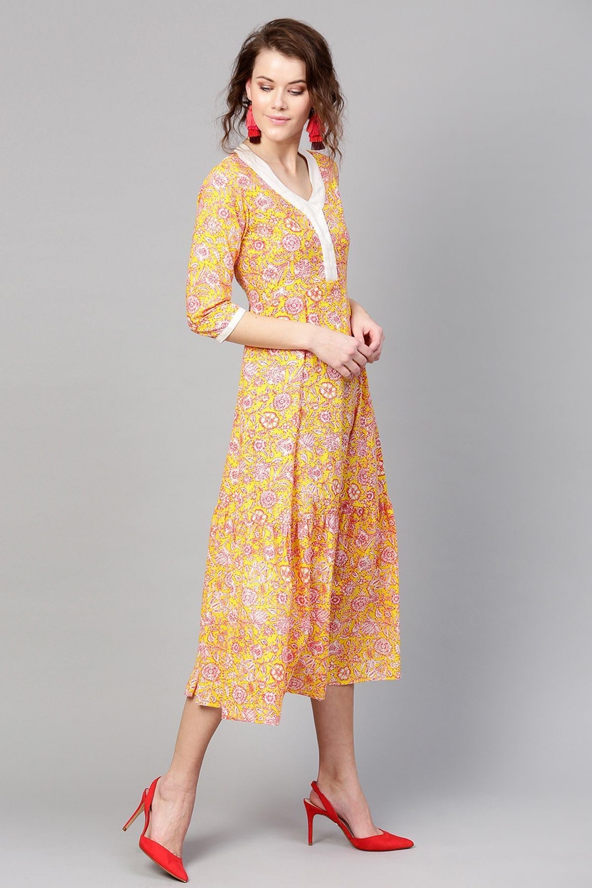 Women's Yellow Pink Floral Tiered Dress - SASSAFRAS