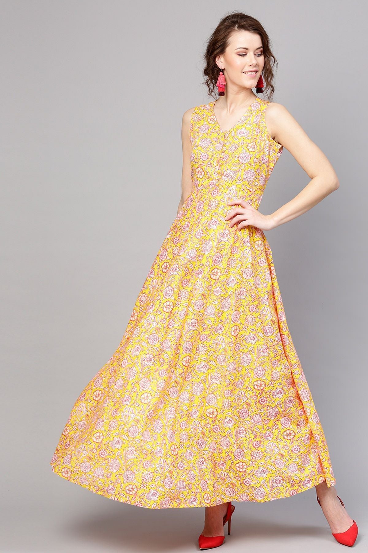 Women's Yellow Pink Floral Sleeveless Flared Maxi - SASSAFRAS