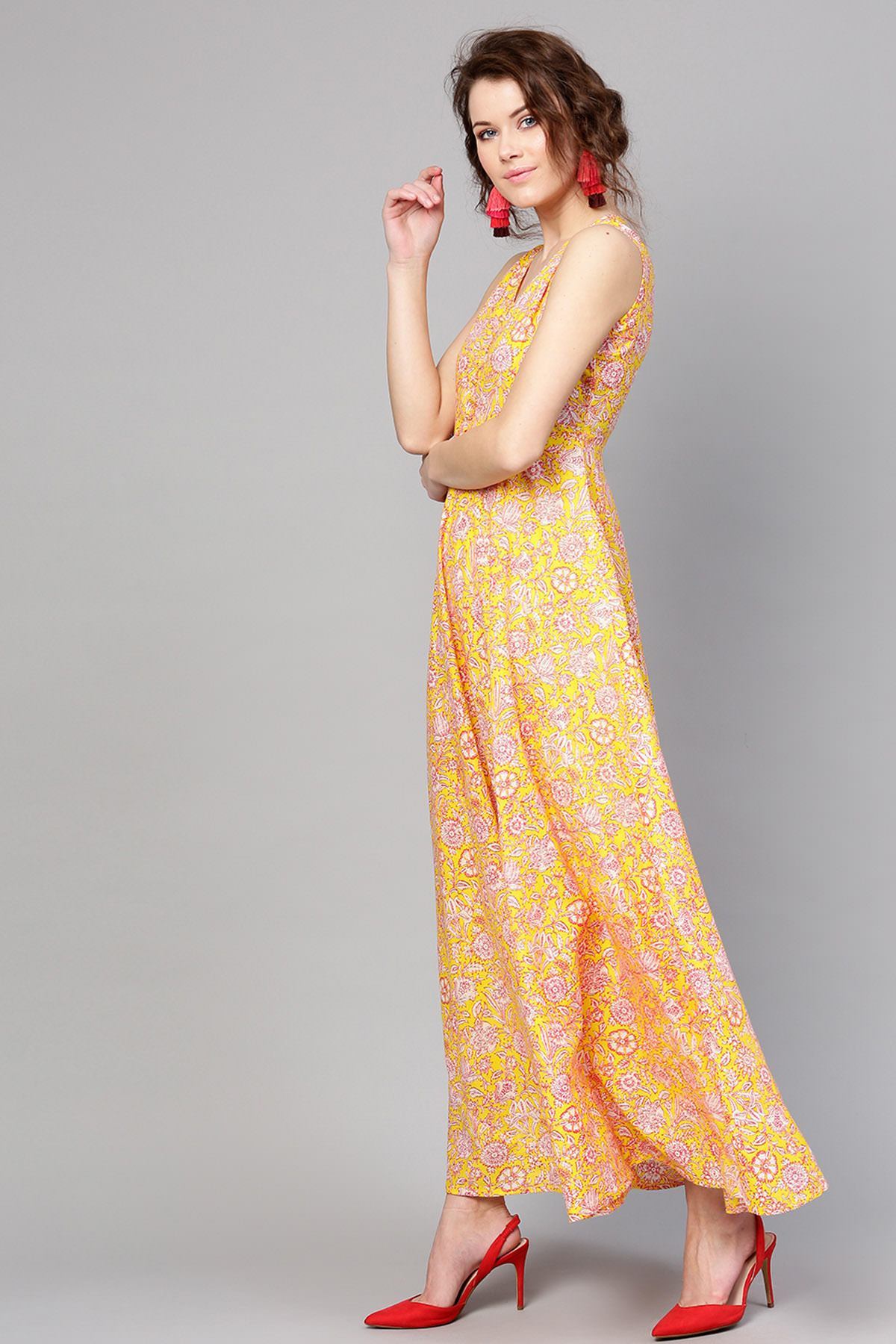 Women's Yellow Pink Floral Sleeveless Flared Maxi - SASSAFRAS