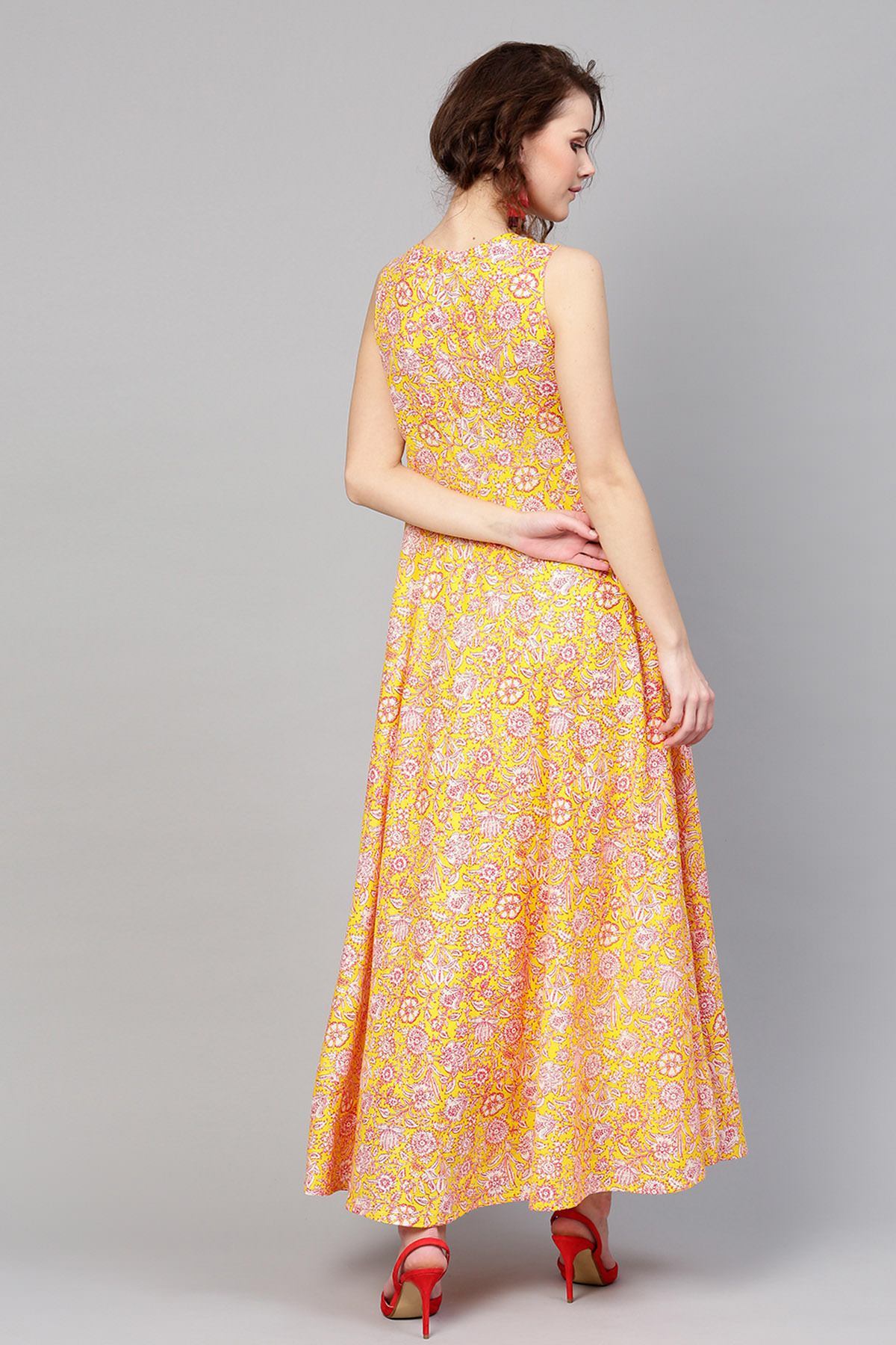 Women's Yellow Pink Floral Sleeveless Flared Maxi - SASSAFRAS