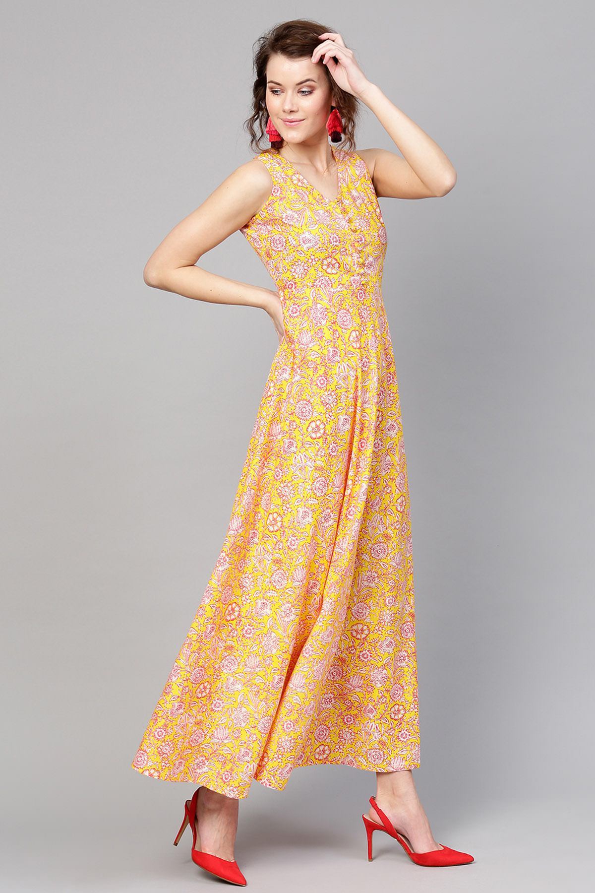 Women's Yellow Pink Floral Sleeveless Flared Maxi - SASSAFRAS