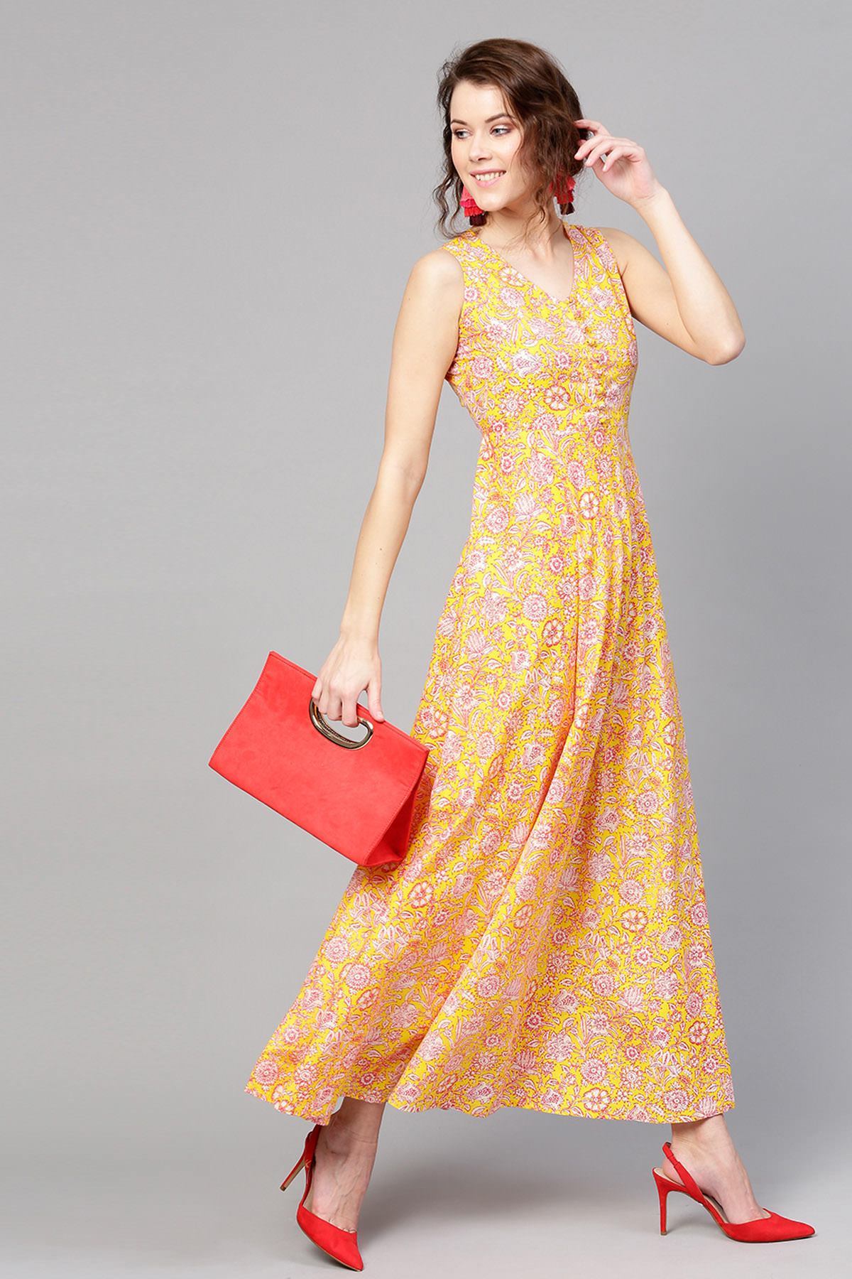 Women's Yellow Pink Floral Sleeveless Flared Maxi - SASSAFRAS